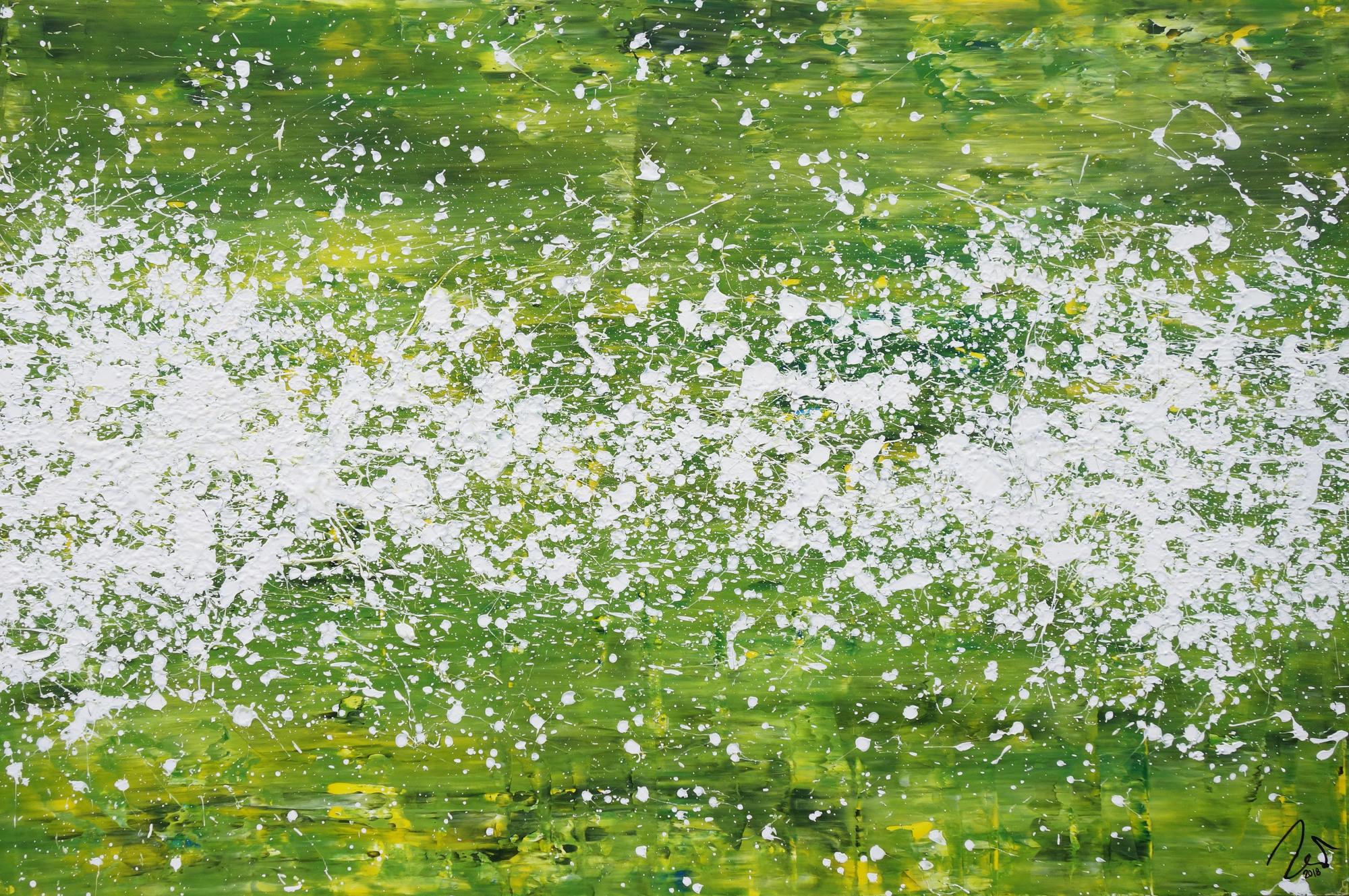 Abstraktes Acrylbild modern grün weiß Action Paintng Modern Art zeitgenössisch