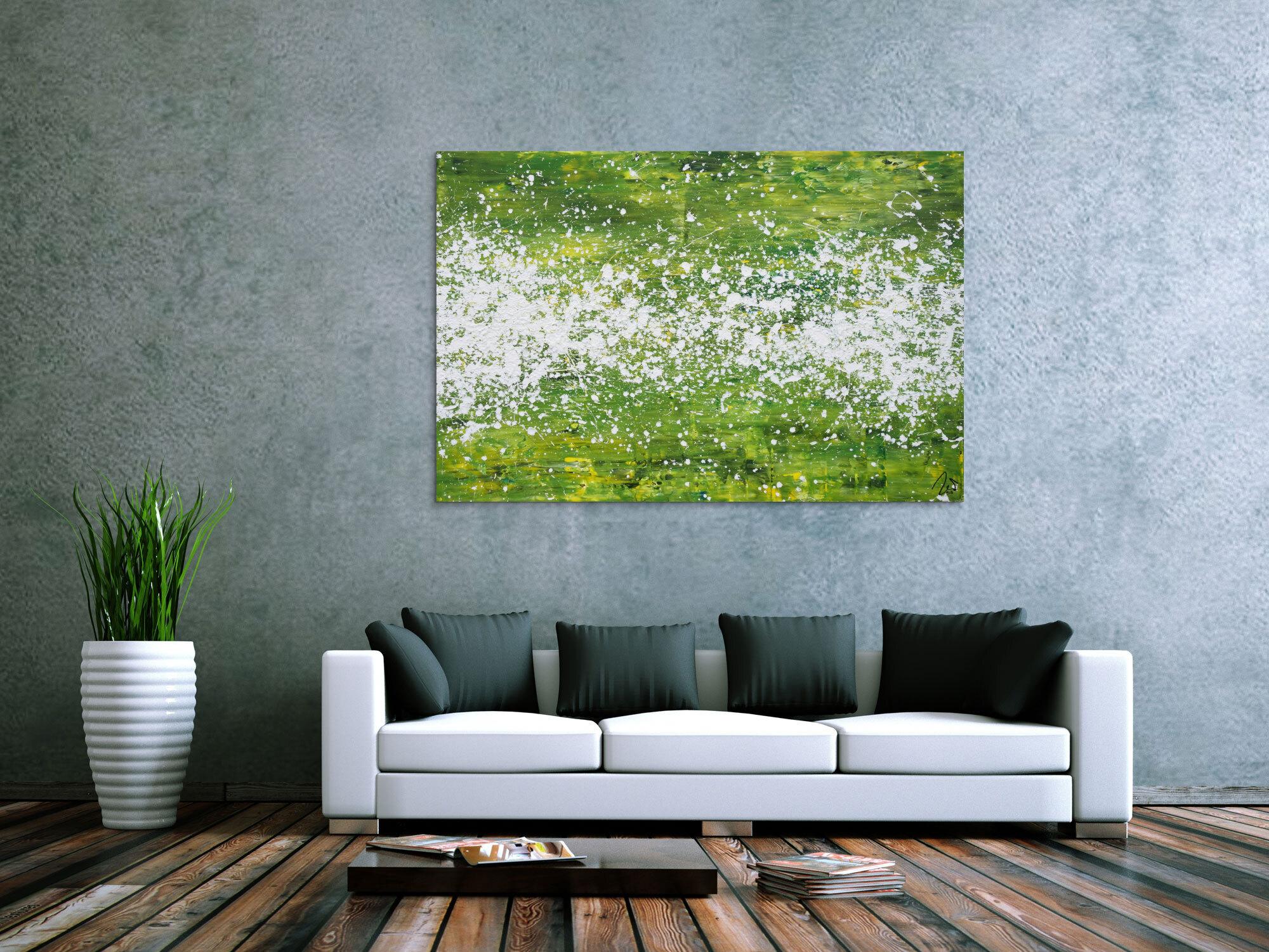 Abstraktes Acrylbild modern grün weiß Action Paintng Modern Art zeitgenössisch
