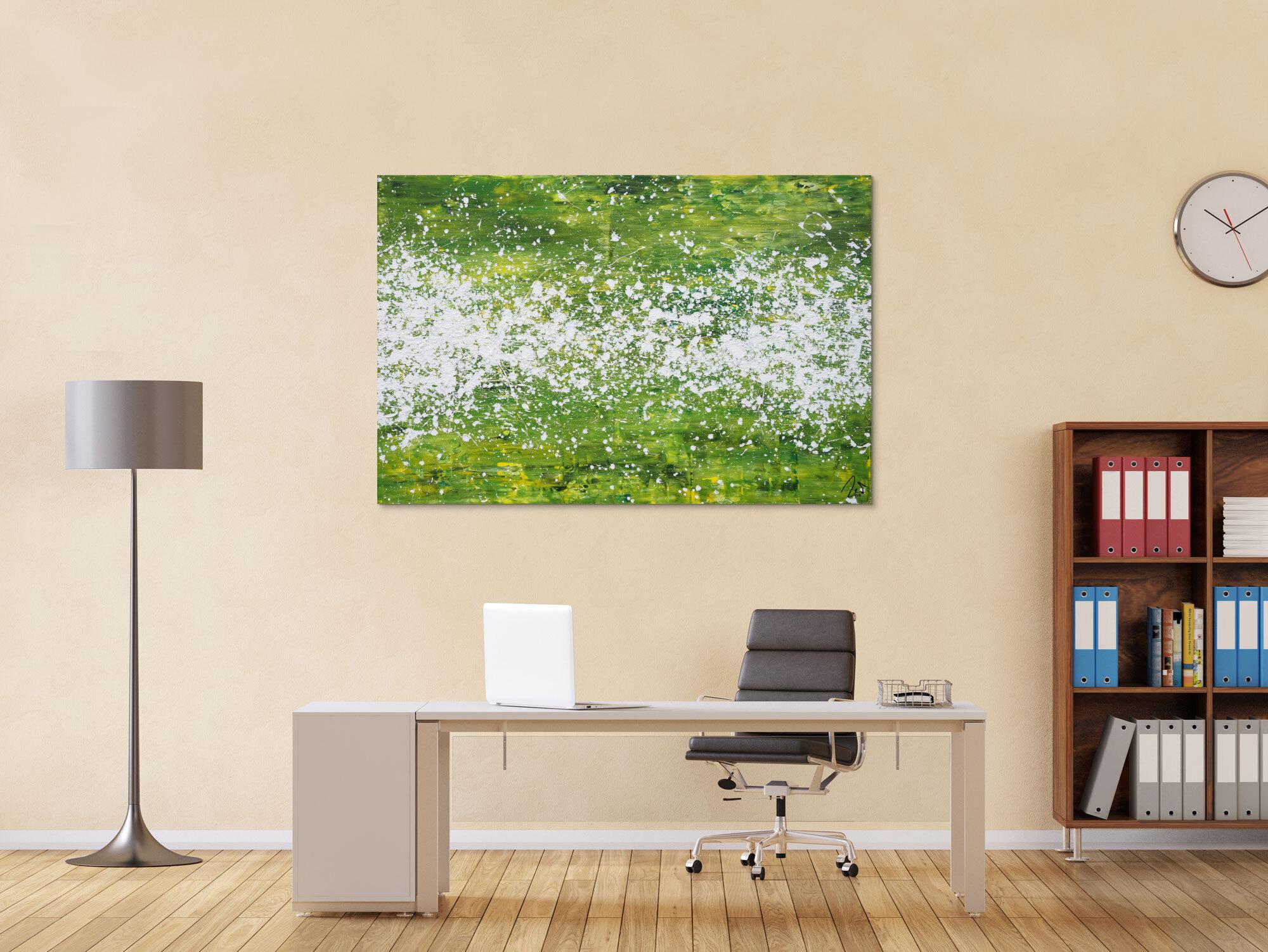 Abstraktes Acrylbild modern grün weiß Action Paintng Modern Art zeitgenössisch