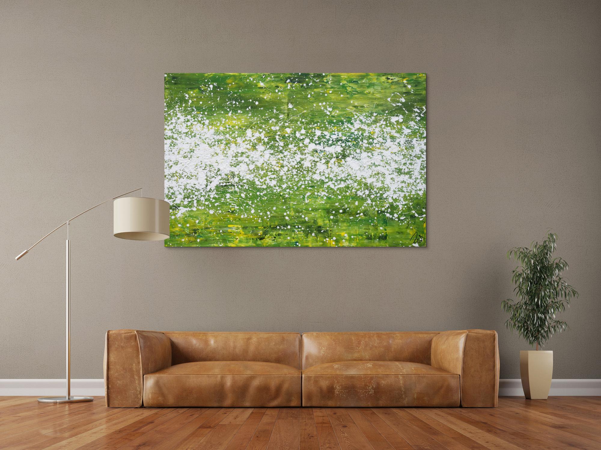 Abstraktes Acrylbild modern grün weiß Action Paintng Modern Art zeitgenössisch