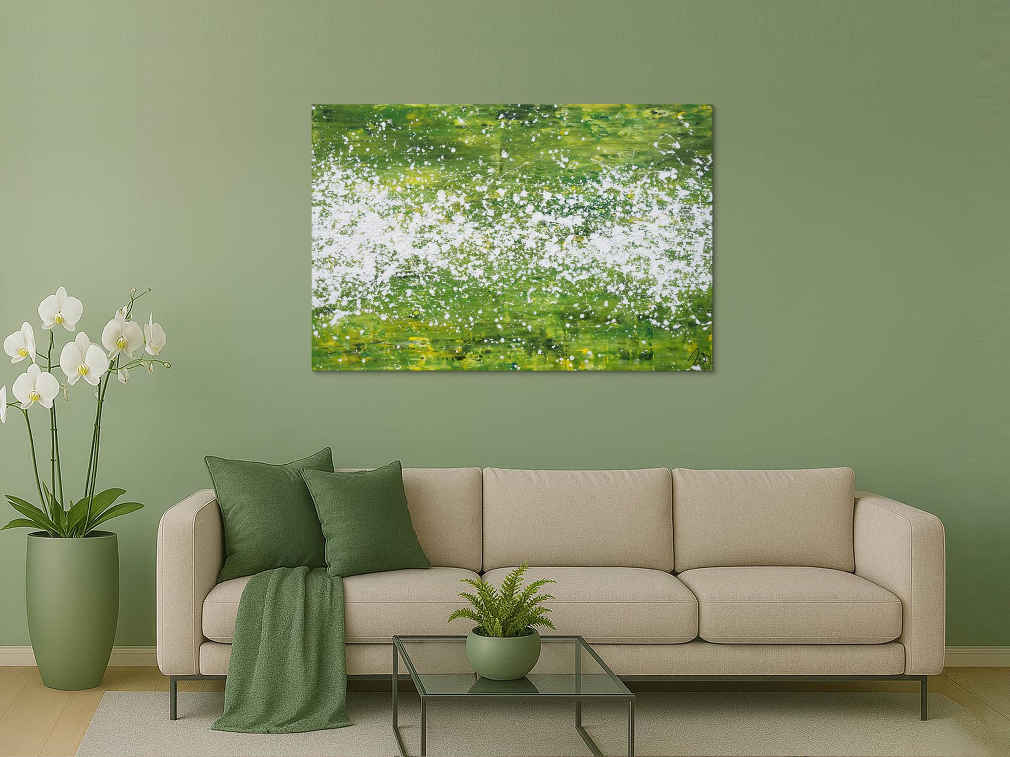 Abstraktes Acrylbild modern grün weiß Action Paintng Modern Art zeitgenössisch