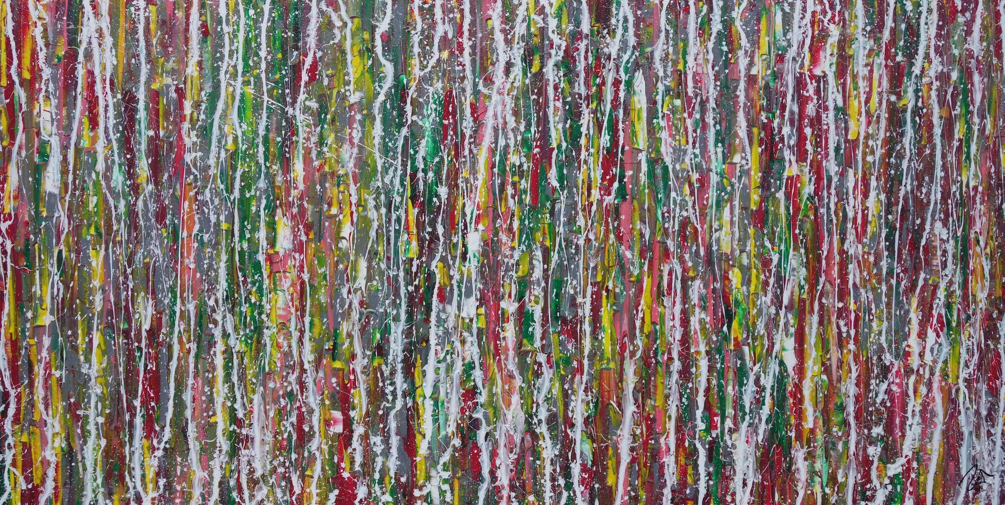 Abstraktes Acrylbild Modern Art Action painting bunt rot grün gelb grau weiß