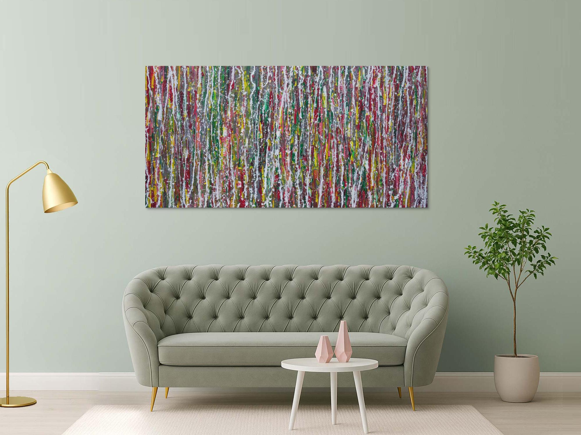 Abstraktes Acrylbild Modern Art Action painting bunt rot grün gelb grau weiß