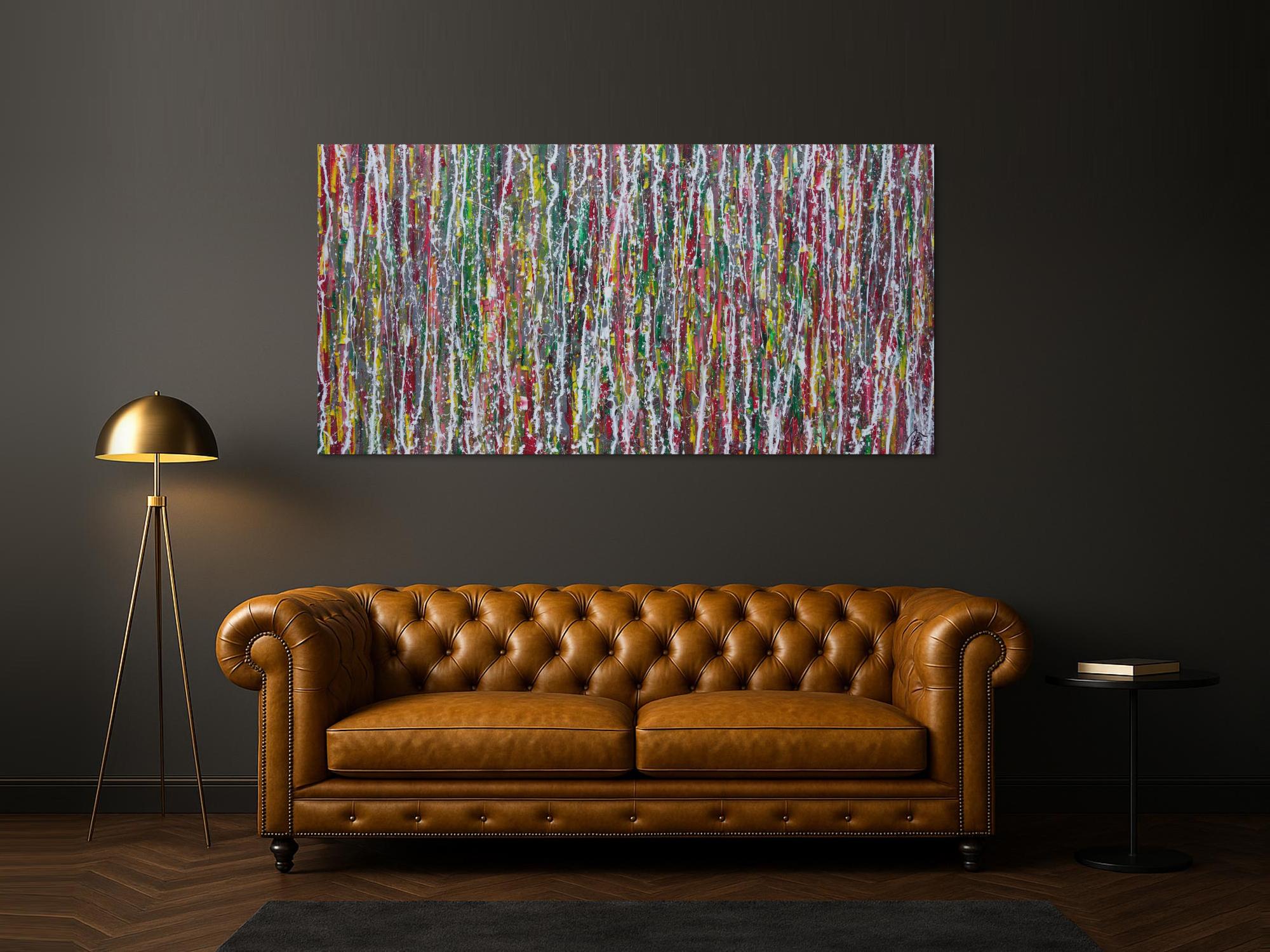 Abstraktes Acrylbild Modern Art Action painting bunt rot grün gelb grau weiß