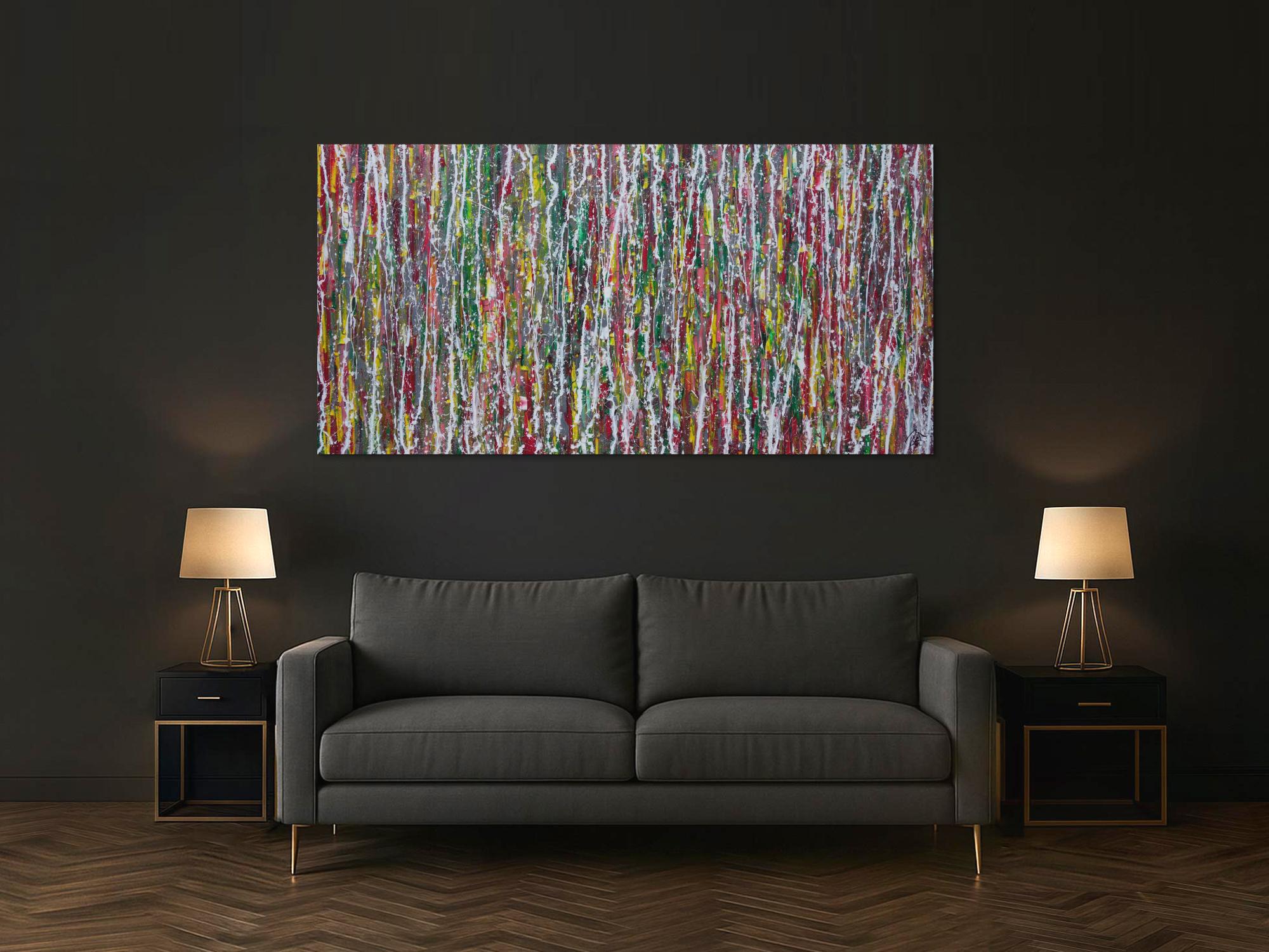 Abstraktes Acrylbild Modern Art Action painting bunt rot grün gelb grau weiß