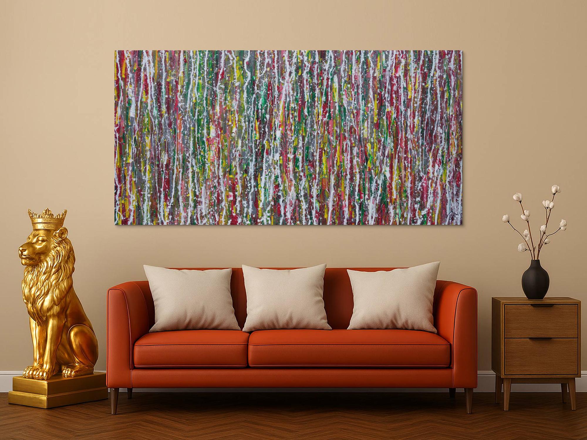 Abstraktes Acrylbild Modern Art Action painting bunt rot grün gelb grau weiß