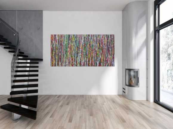 Abstraktes Acrylbild Modern Art Action painting bunt rot grün gelb grau weiß