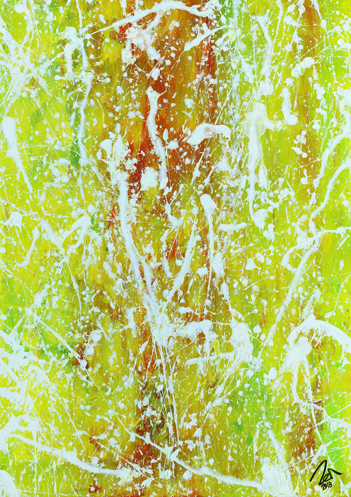 Abstraktes Acrylbild Action Painting geld orange grün weiß modern zeitgenössisch