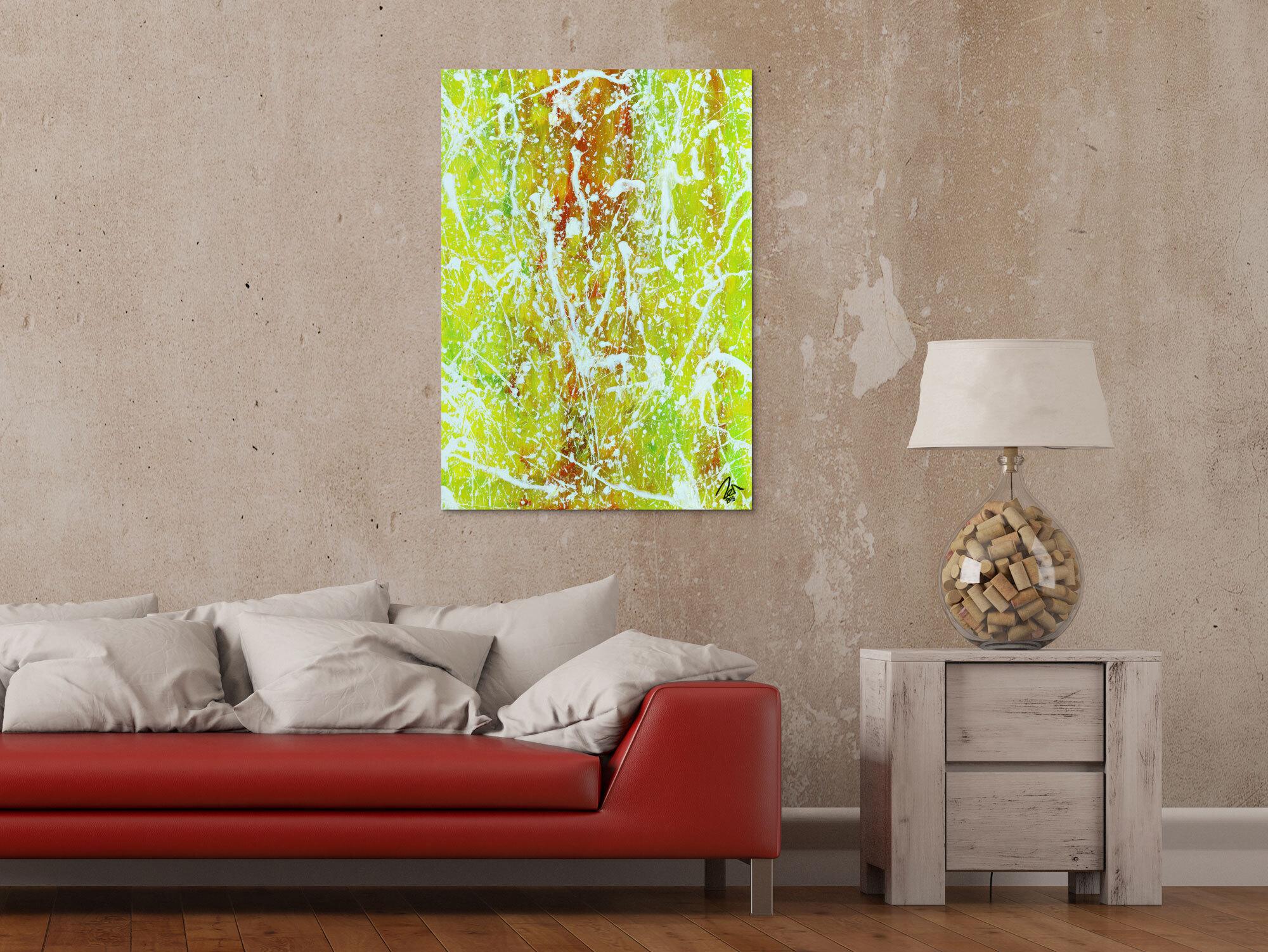 Abstraktes Acrylbild Action Painting geld orange grün weiß modern zeitgenössisch