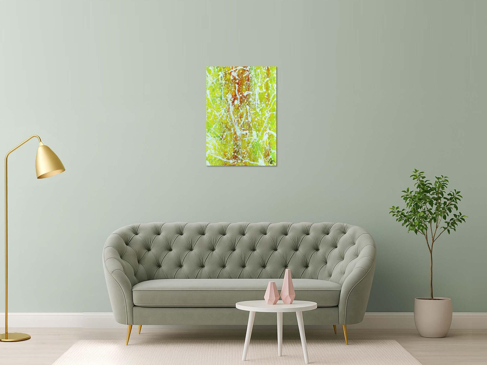 Abstraktes Acrylbild Action Painting geld orange grün weiß modern zeitgenössisch