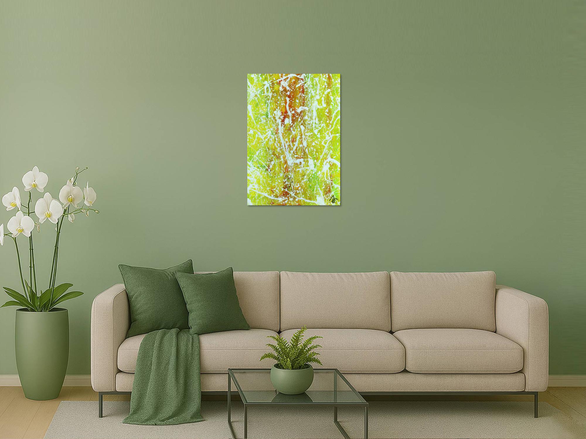 Abstraktes Acrylbild Action Painting geld orange grün weiß modern zeitgenössisch