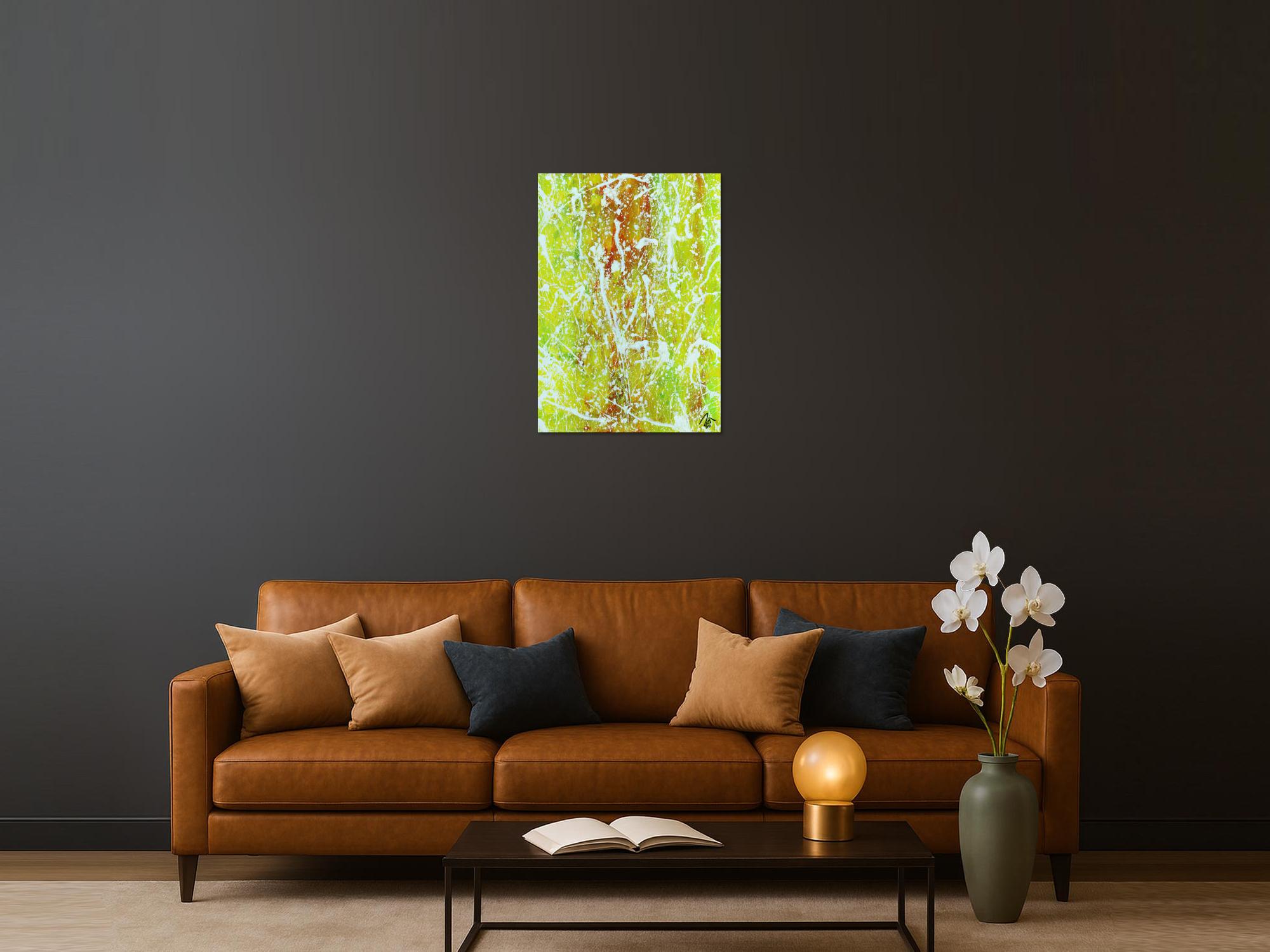 Abstraktes Acrylbild Action Painting geld orange grün weiß modern zeitgenössisch