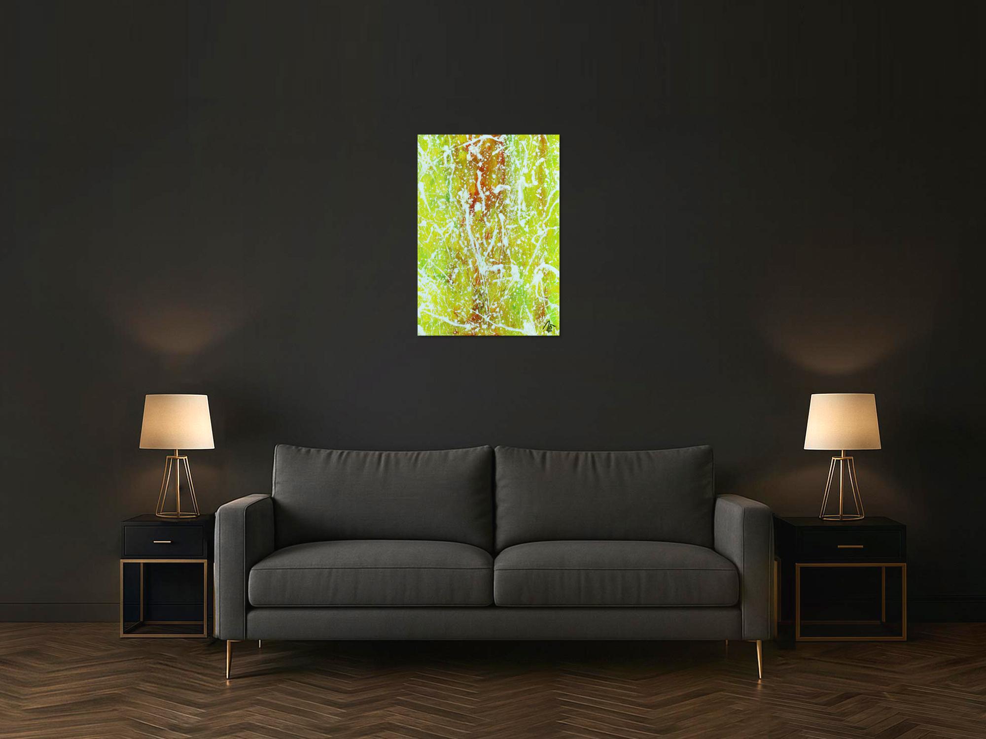 Abstraktes Acrylbild Action Painting geld orange grün weiß modern zeitgenössisch