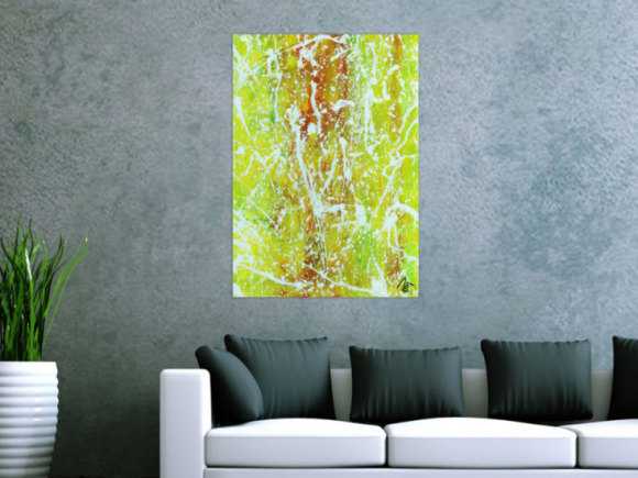 Abstraktes Acrylbild Action Painting geld orange grün weiß modern zeitgenössisch