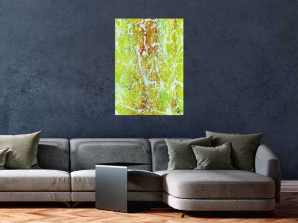 Abstraktes Acrylbild Action Painting geld orange grün weiß modern zeitgenössisch