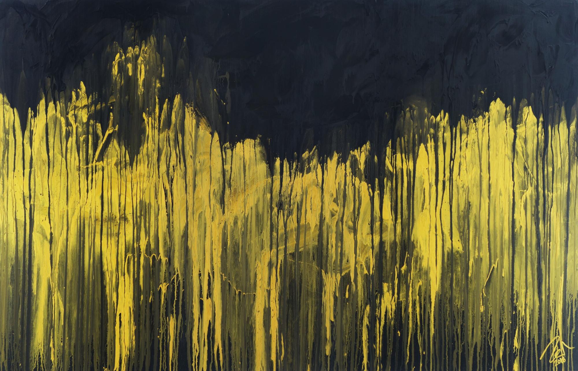 Abstraktes Acrylbild sehr modern schwarz und gold zeitgenössisch abstrakt expressionistisch extra dicker Rahmen 5cm