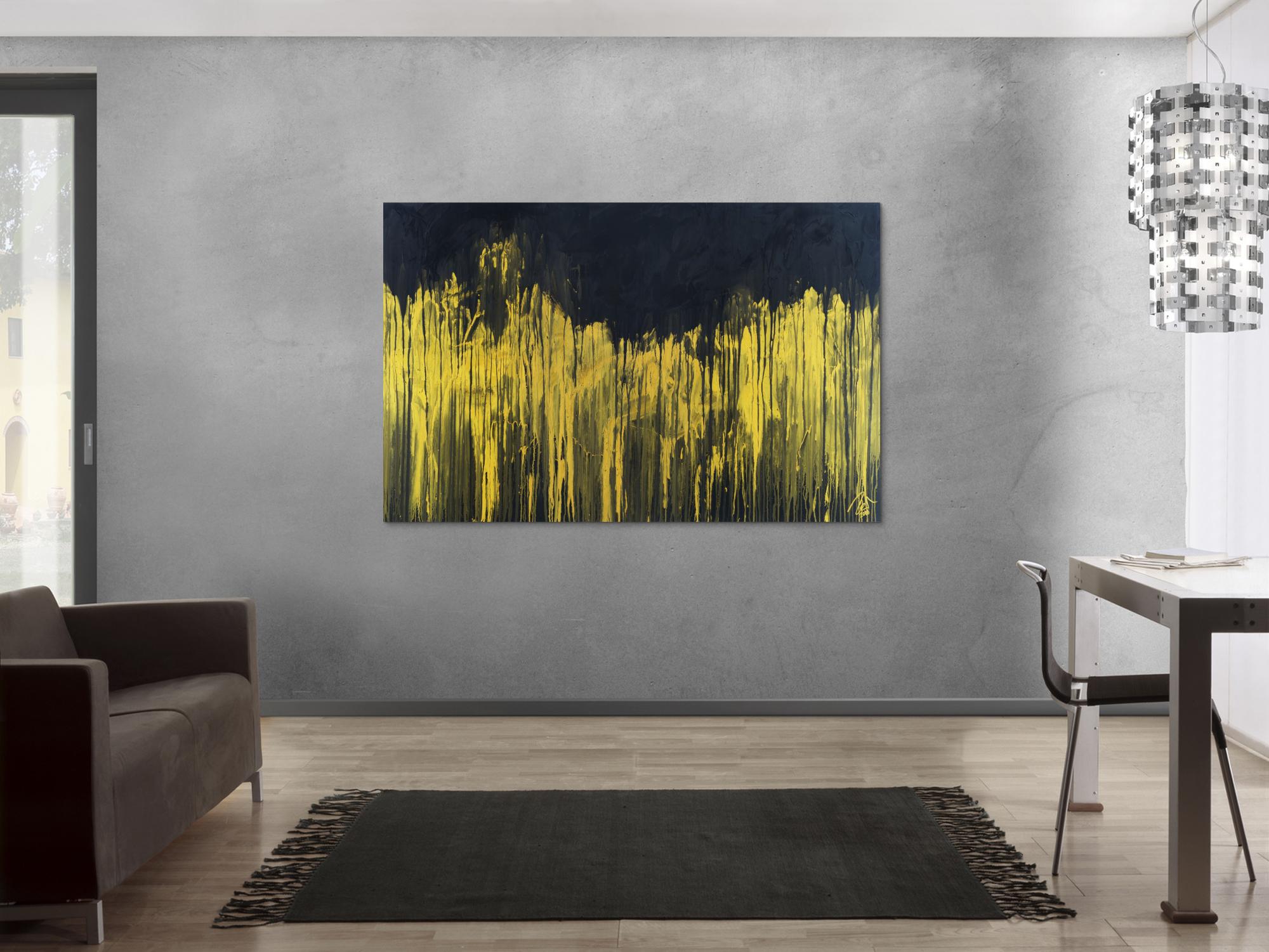 Abstraktes Acrylbild sehr modern schwarz und gold zeitgenössisch abstrakt expressionistisch extra dicker Rahmen 5cm