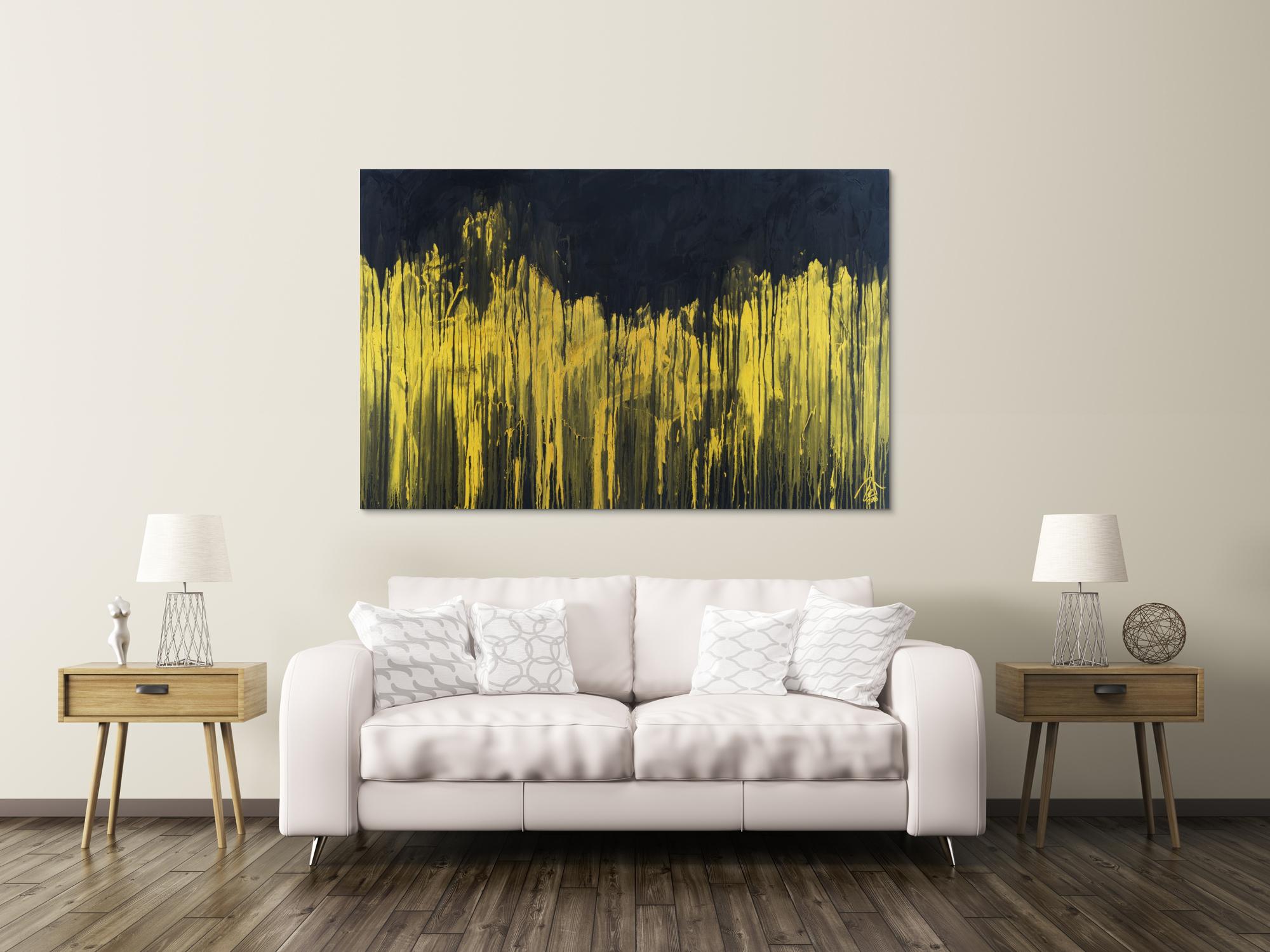 Abstraktes Acrylbild sehr modern schwarz und gold zeitgenössisch abstrakt expressionistisch extra dicker Rahmen 5cm