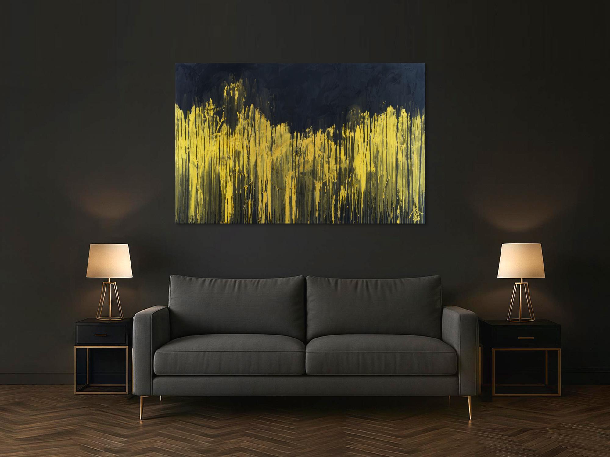 Abstraktes Acrylbild sehr modern schwarz und gold zeitgenössisch abstrakt expressionistisch extra dicker Rahmen 5cm