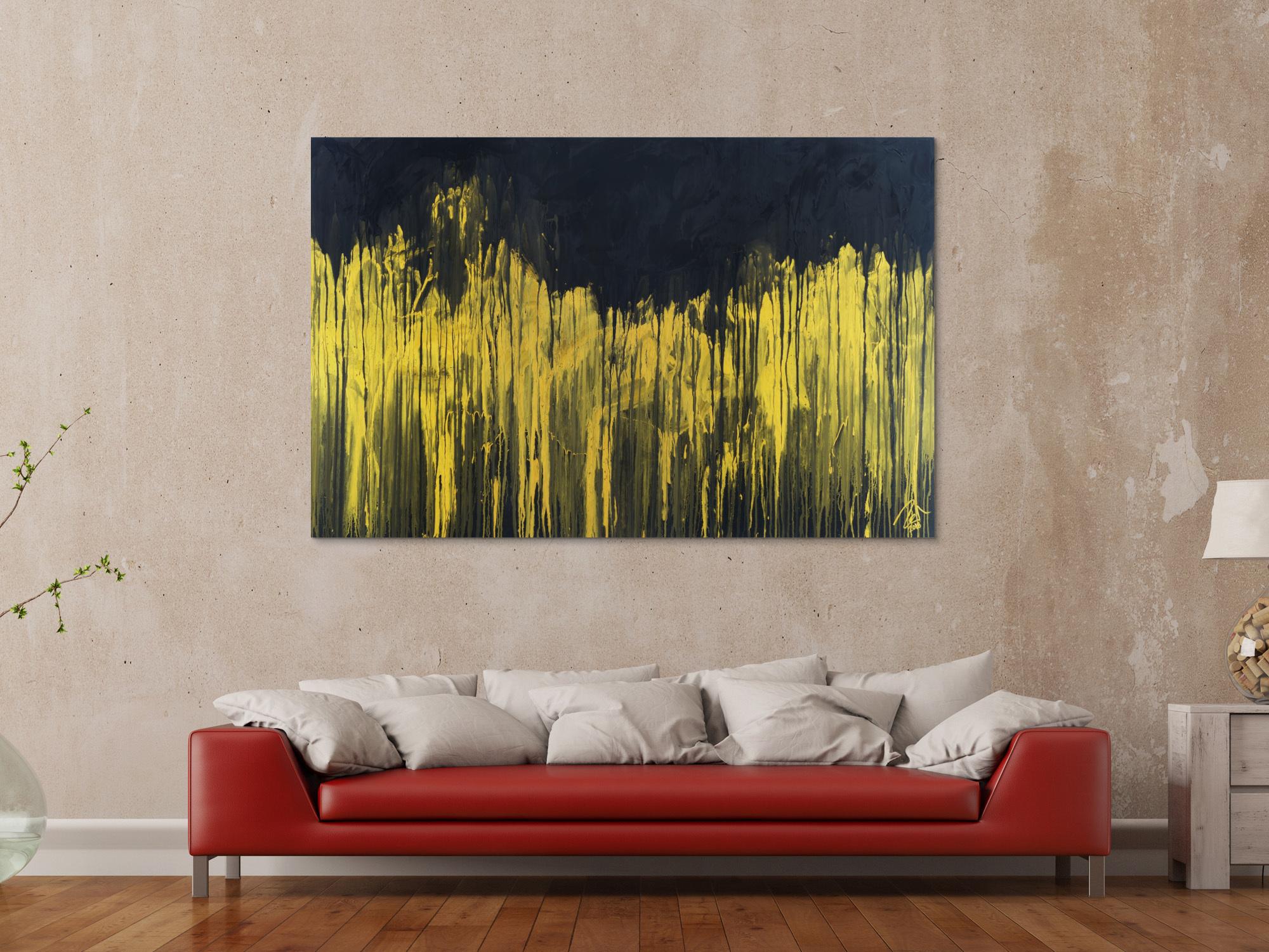 Abstraktes Acrylbild sehr modern schwarz und gold zeitgenössisch abstrakt expressionistisch extra dicker Rahmen 5cm