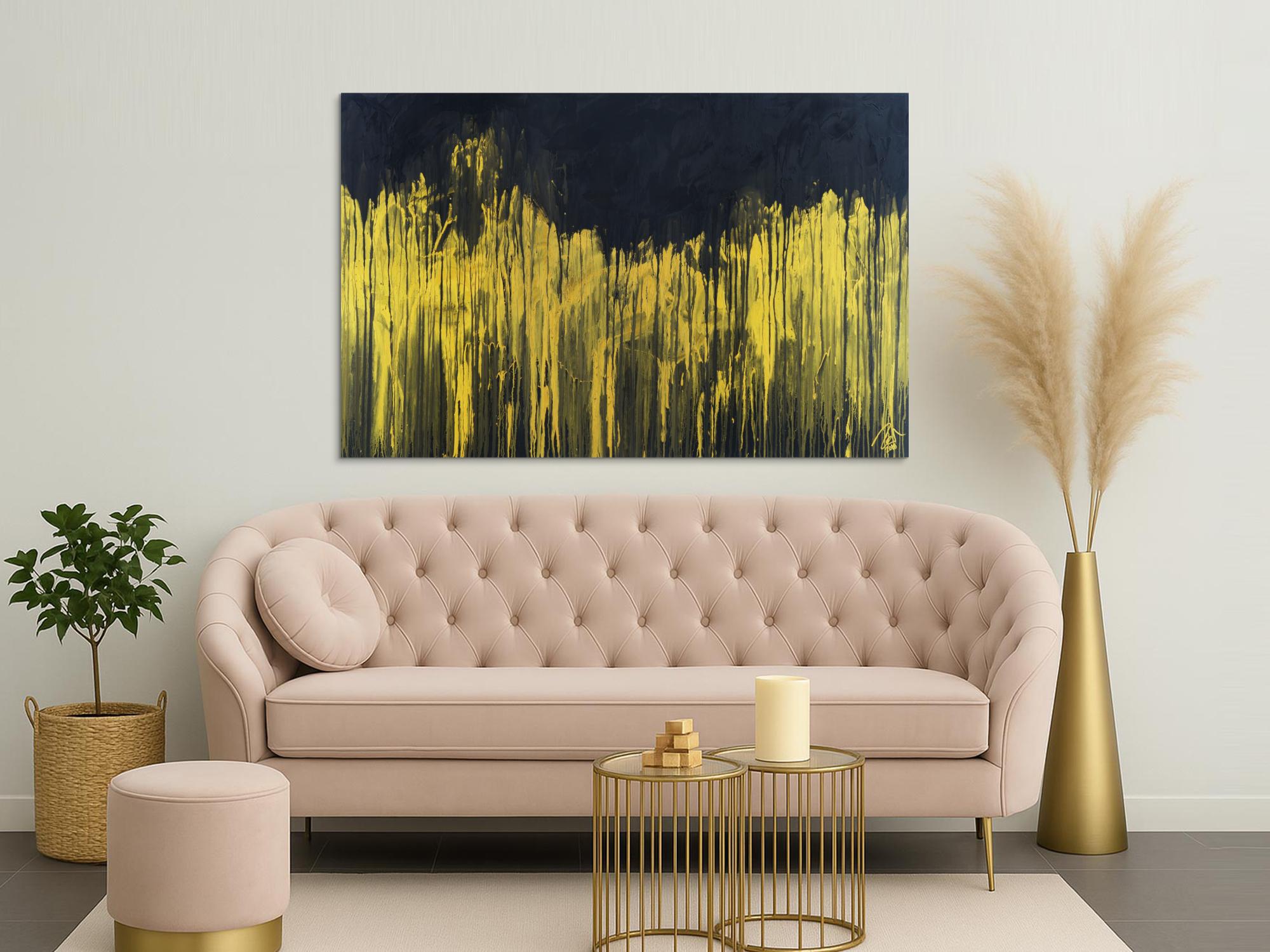 Abstraktes Acrylbild sehr modern schwarz und gold zeitgenössisch abstrakt expressionistisch extra dicker Rahmen 5cm