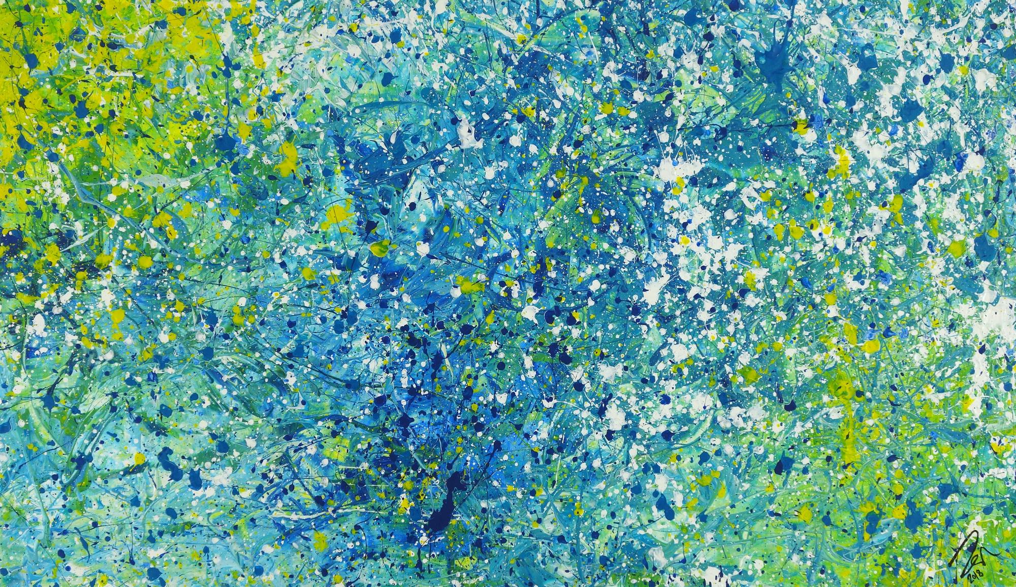 Abstraktes Acrylbild türkis weiß gelb modern abstrakt zeitgenössisch