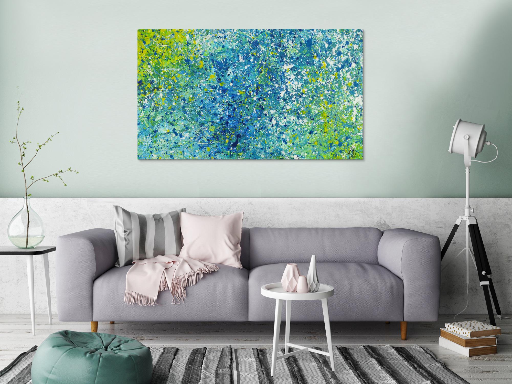 Abstraktes Acrylbild türkis weiß gelb modern abstrakt zeitgenössisch