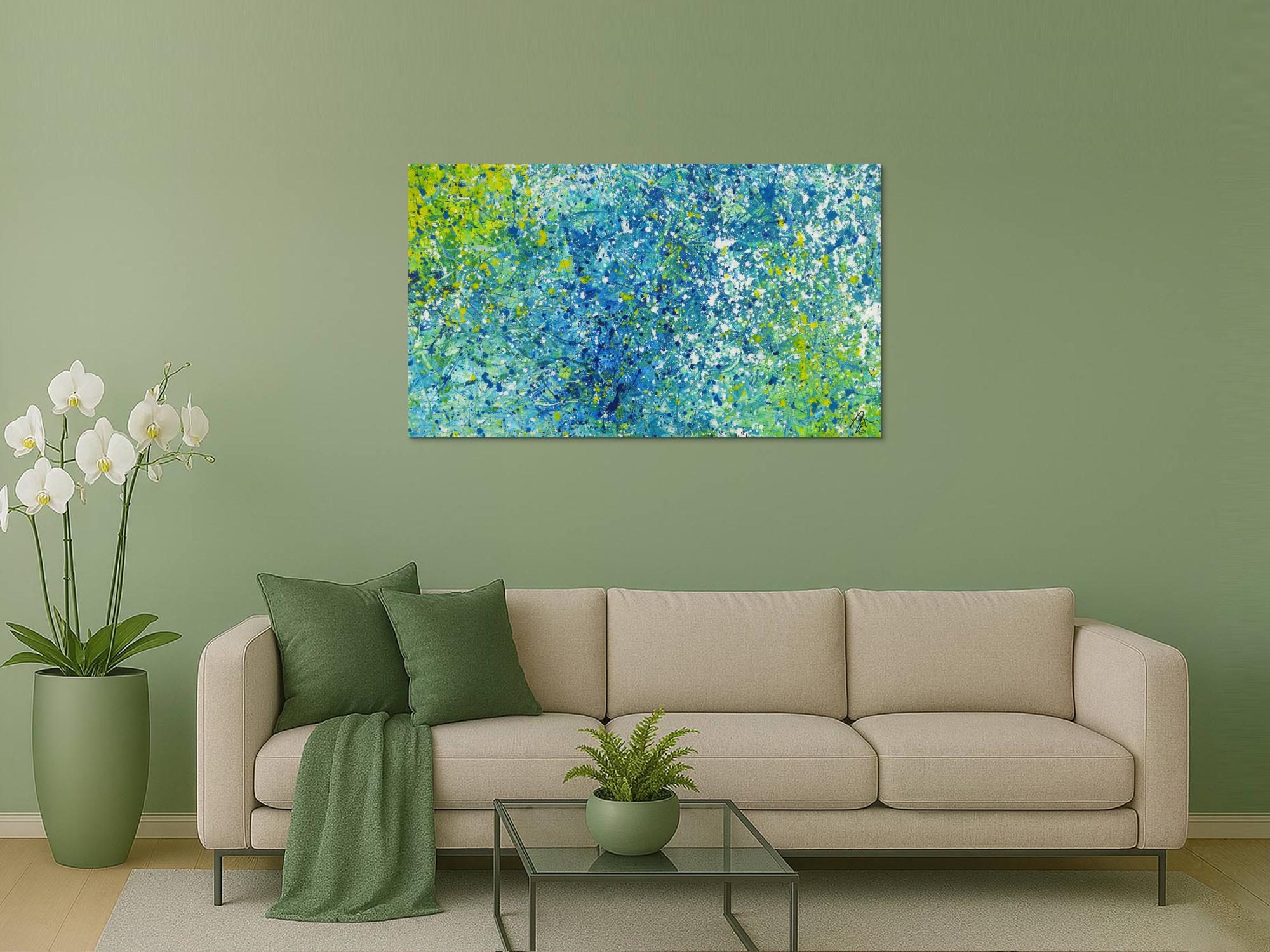 Abstraktes Acrylbild türkis weiß gelb modern abstrakt zeitgenössisch