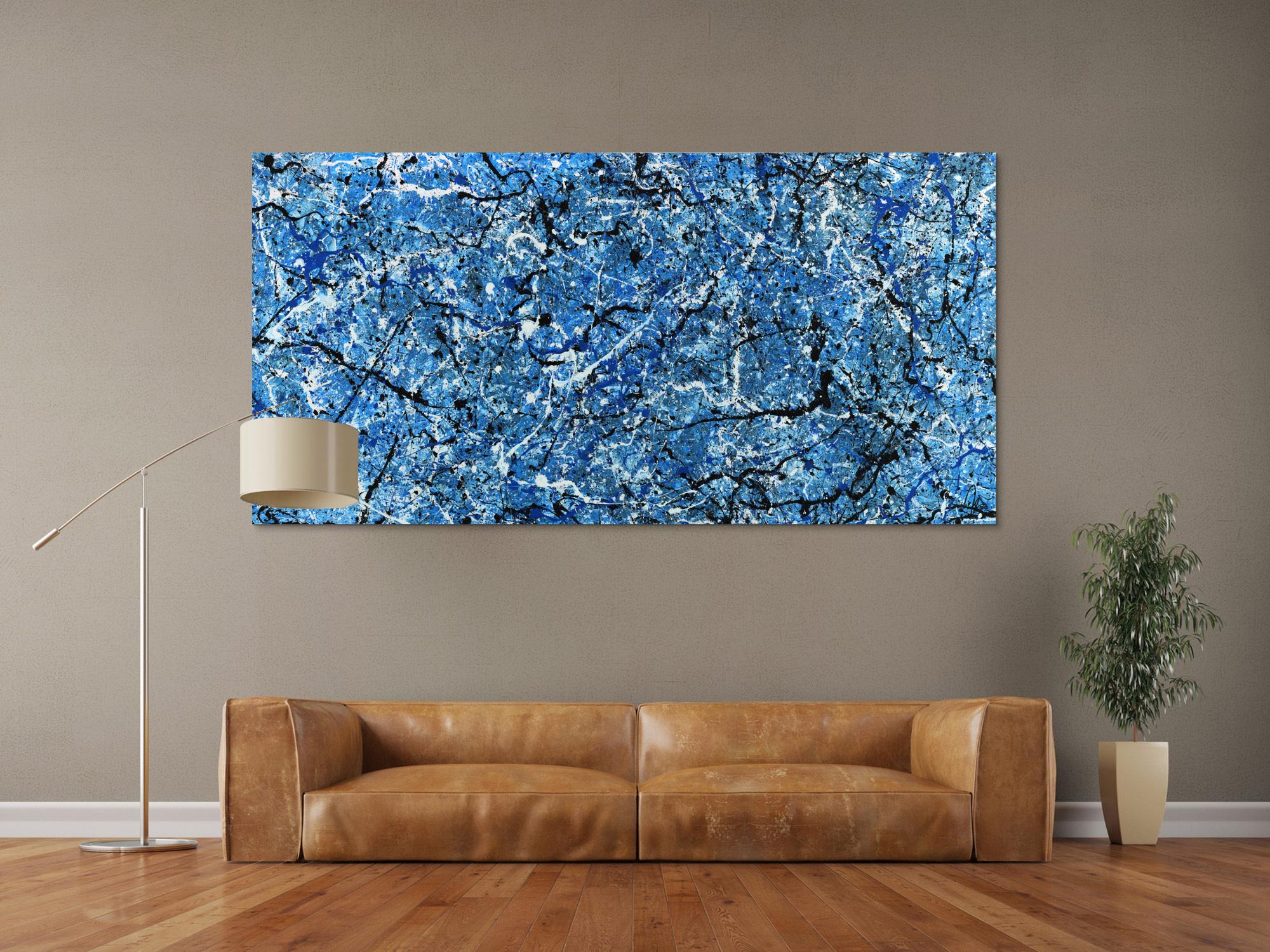 Abstraktes Acrylbild Action Painting Modern Art blau weiß schwarz abstrakt expressionistisch