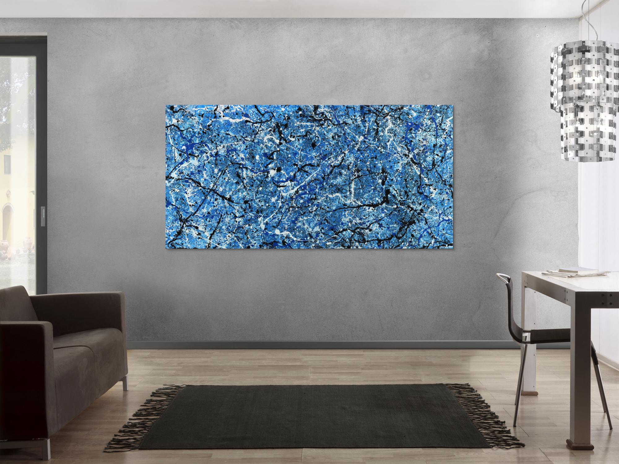 Abstraktes Acrylbild Action Painting Modern Art blau weiß schwarz abstrakt expressionistisch