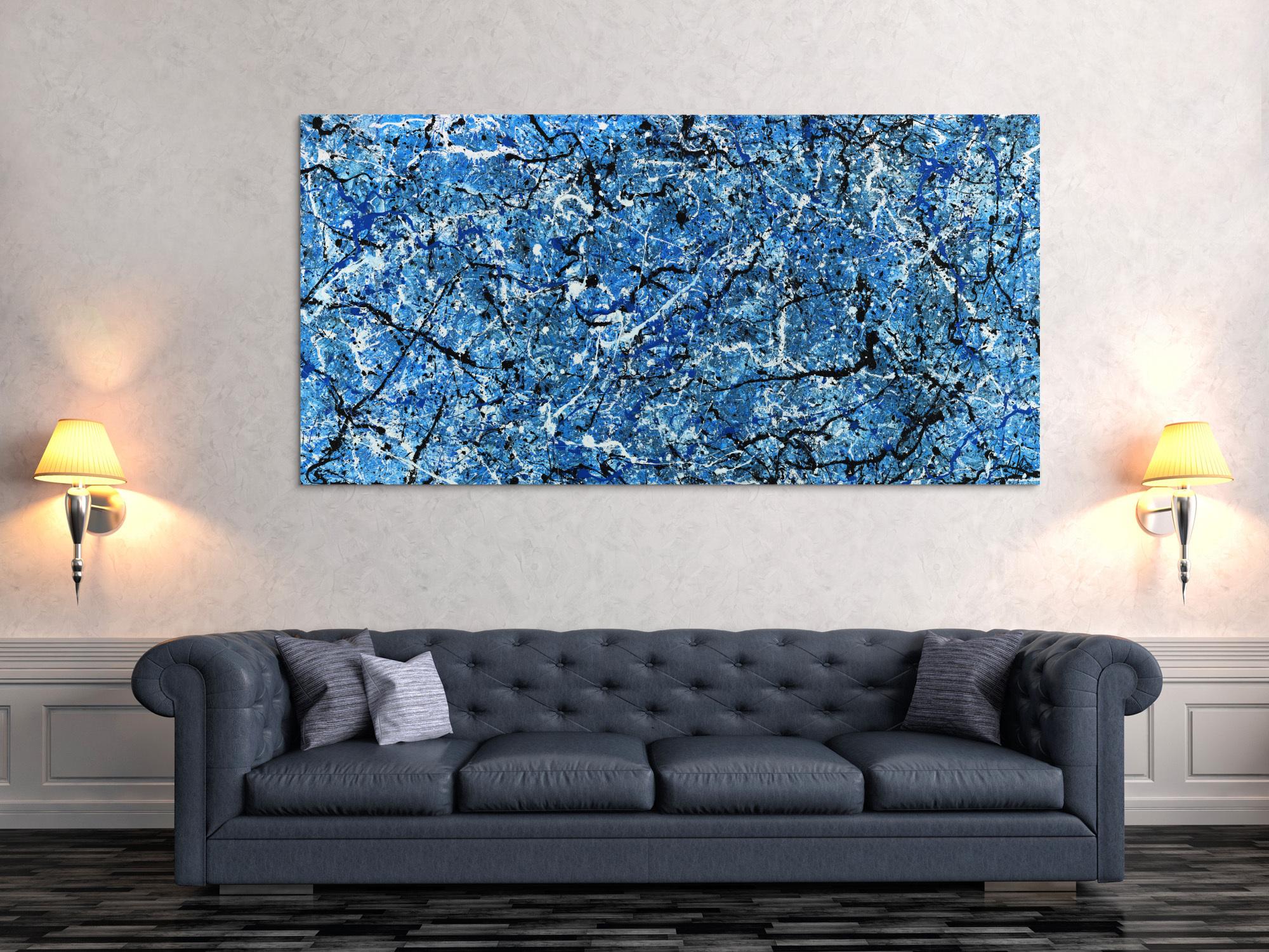 Abstraktes Acrylbild Action Painting Modern Art blau weiß schwarz abstrakt expressionistisch