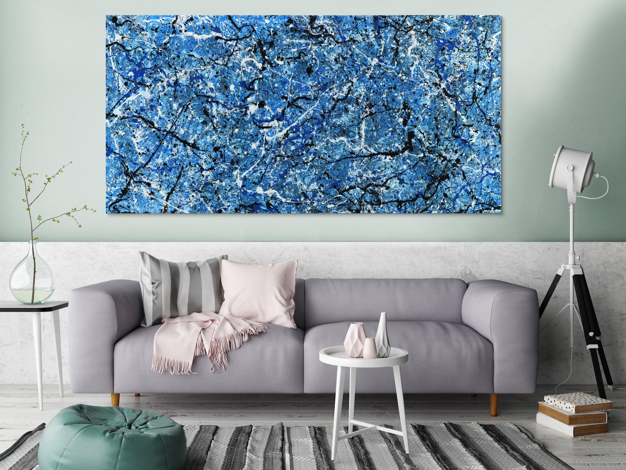 Abstraktes Acrylbild Action Painting Modern Art blau weiß schwarz abstrakt expressionistisch