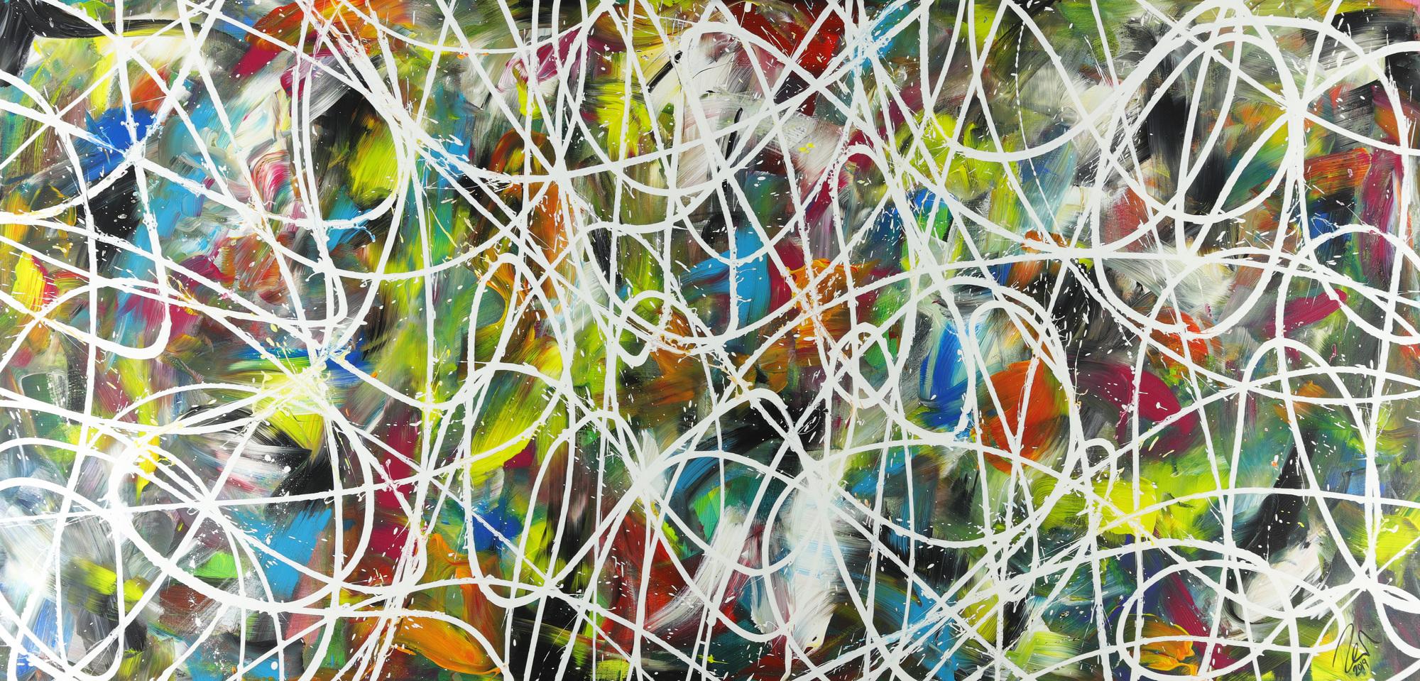 Abstraktes Acrylbild sehr bunt modern Action Painting mit weißen Streifen