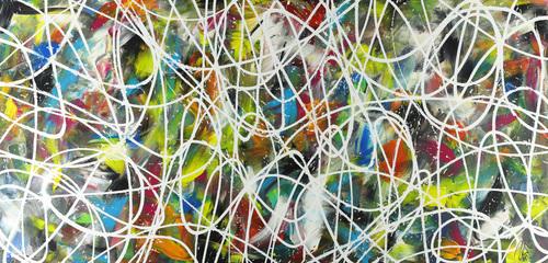 Abstraktes Acrylbild sehr bunt modern Action Painting mit weißen Streifen