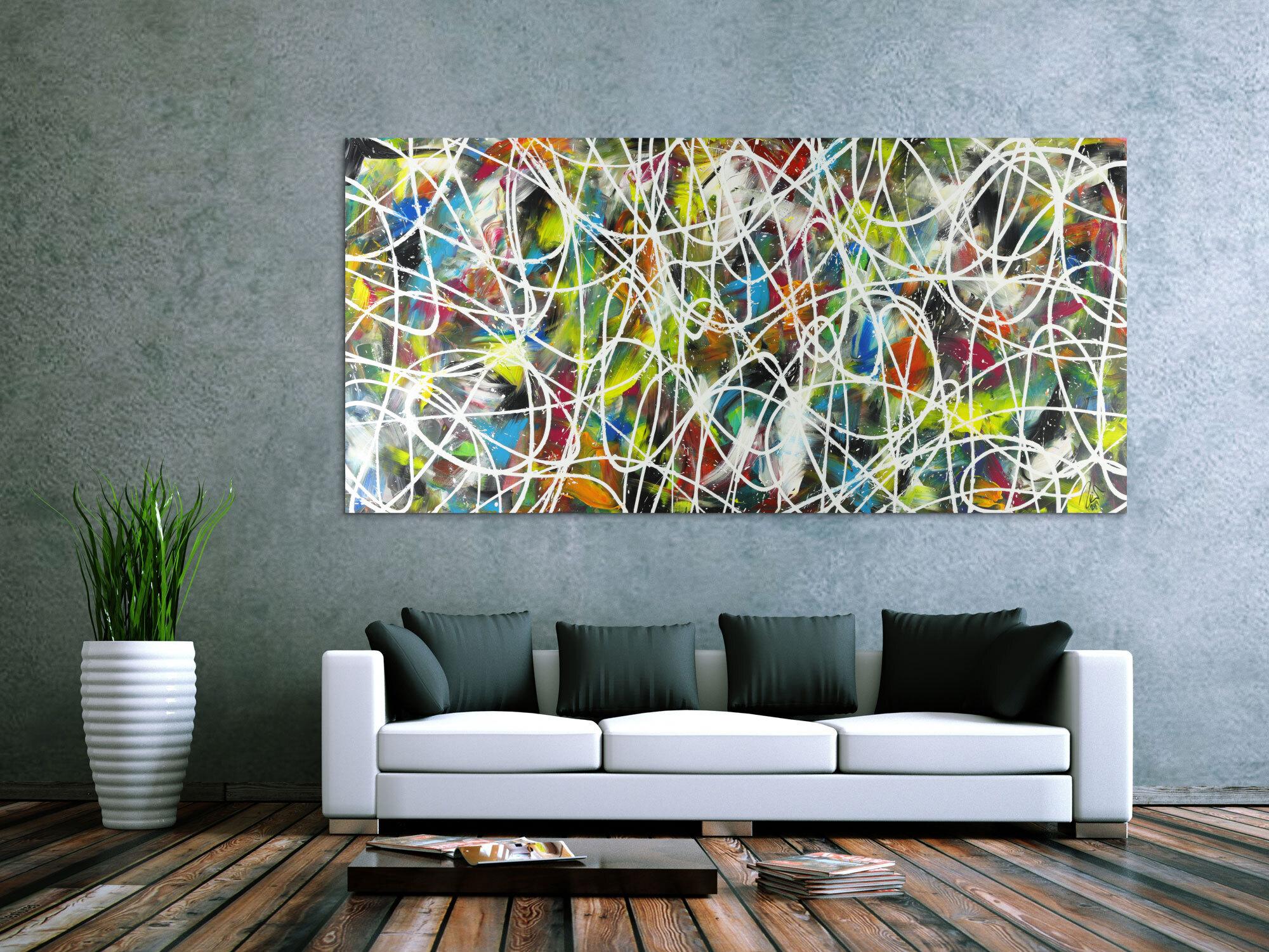 Abstraktes Acrylbild sehr bunt modern Action Painting mit weißen Streifen