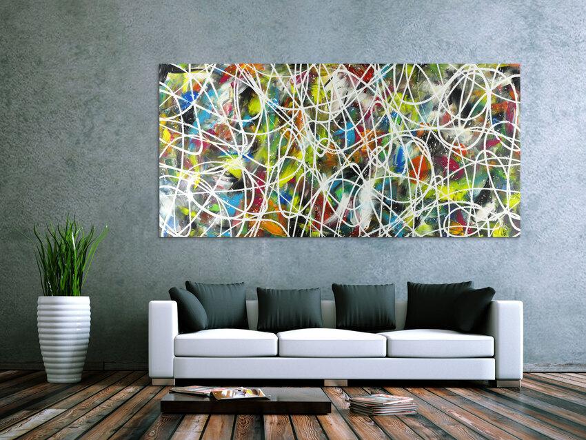 Abstraktes Acrylbild sehr bunt modern Action Painting mit weißen Streifen
