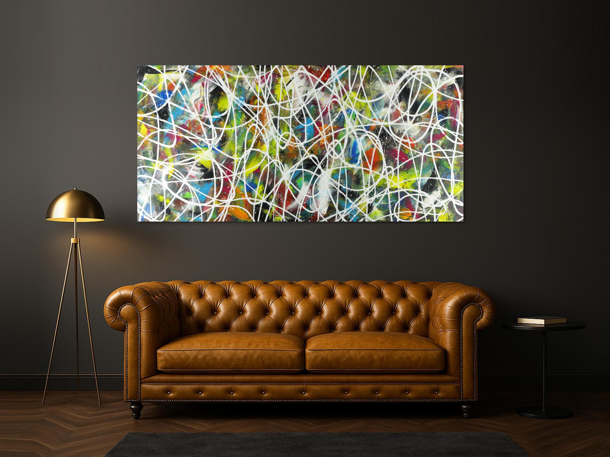 Abstraktes Acrylbild sehr bunt modern Action Painting mit weißen Streifen