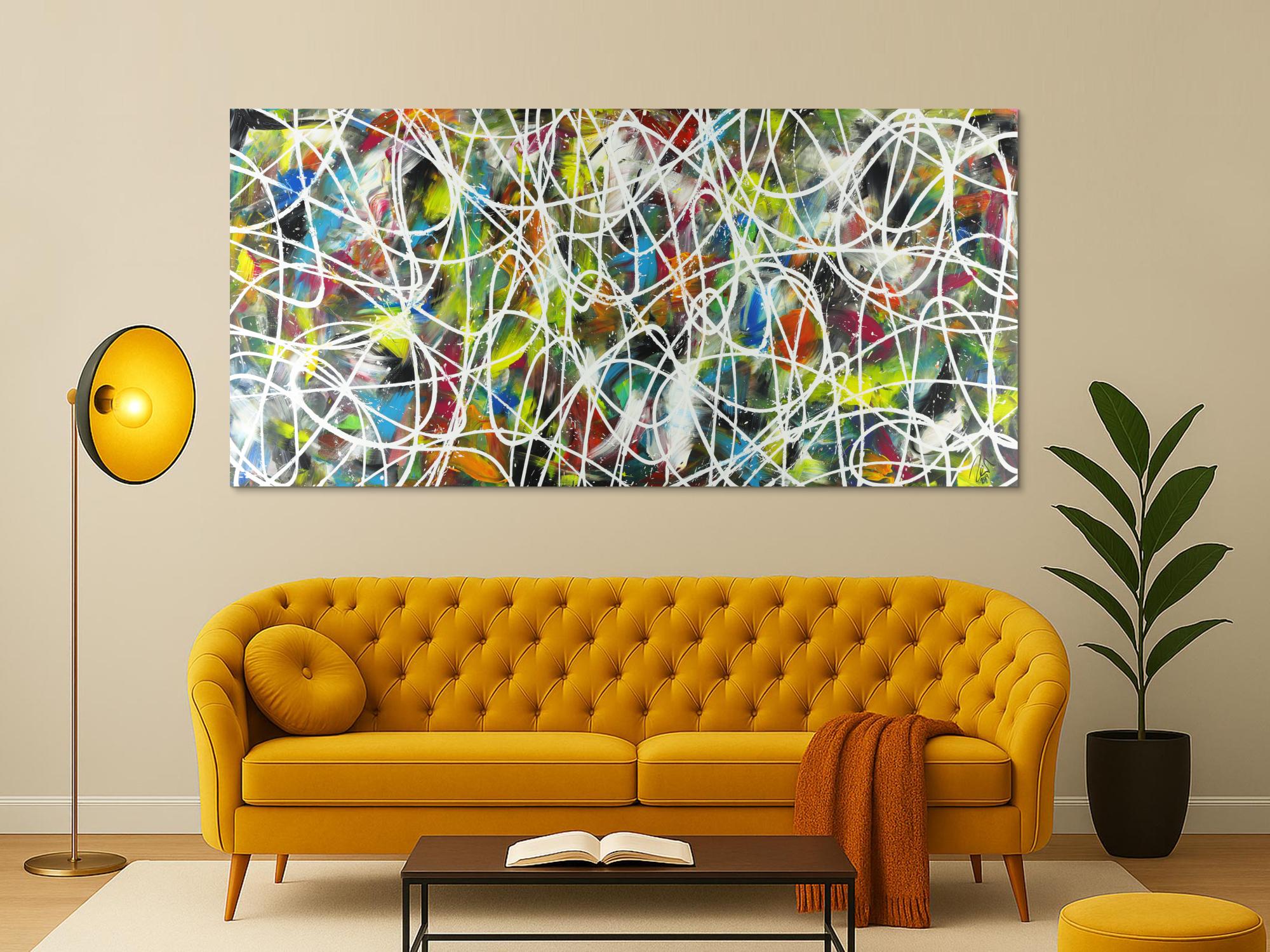 Abstraktes Acrylbild sehr bunt modern Action Painting mit weißen Streifen