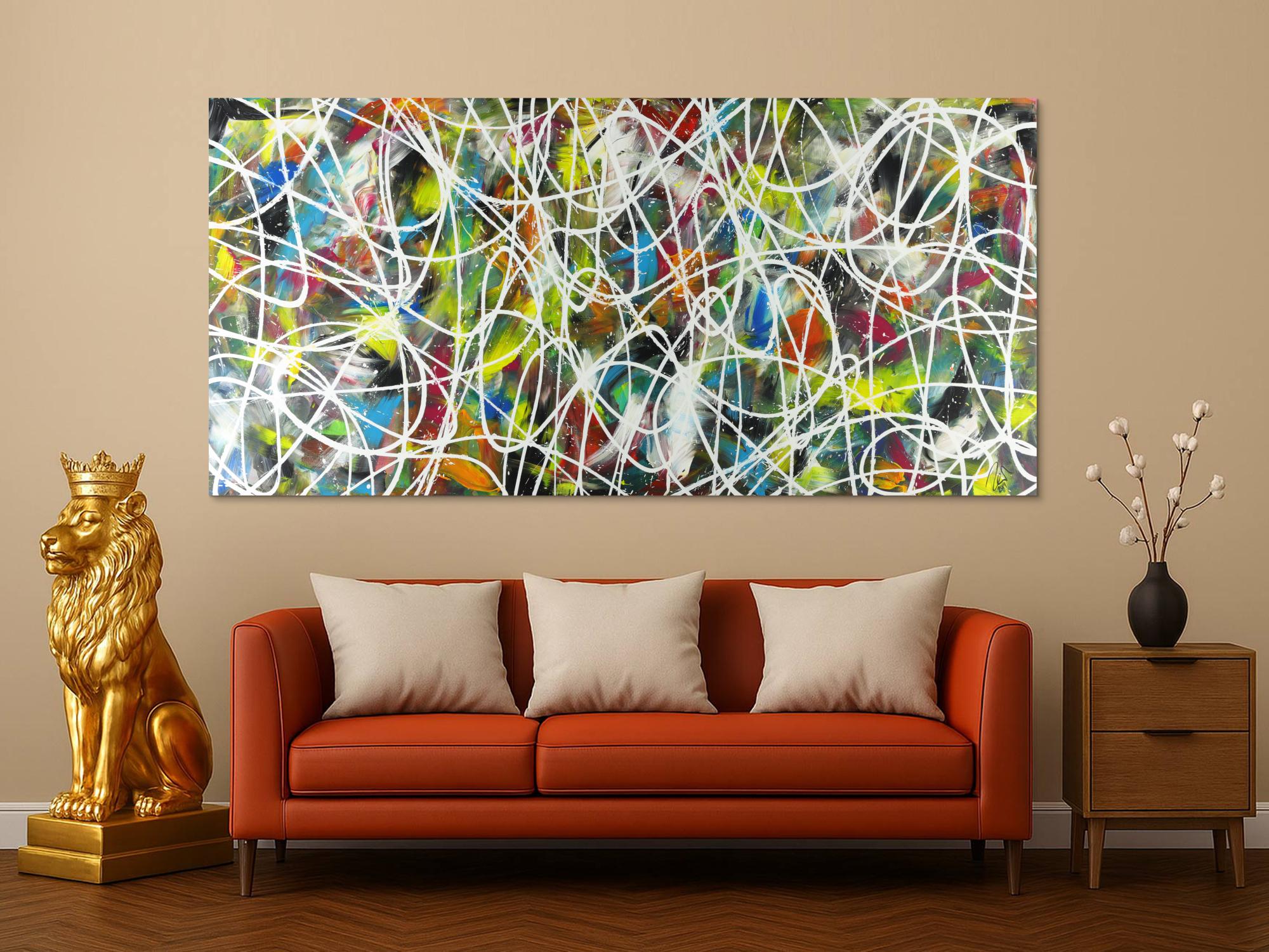 Abstraktes Acrylbild sehr bunt modern Action Painting mit weißen Streifen