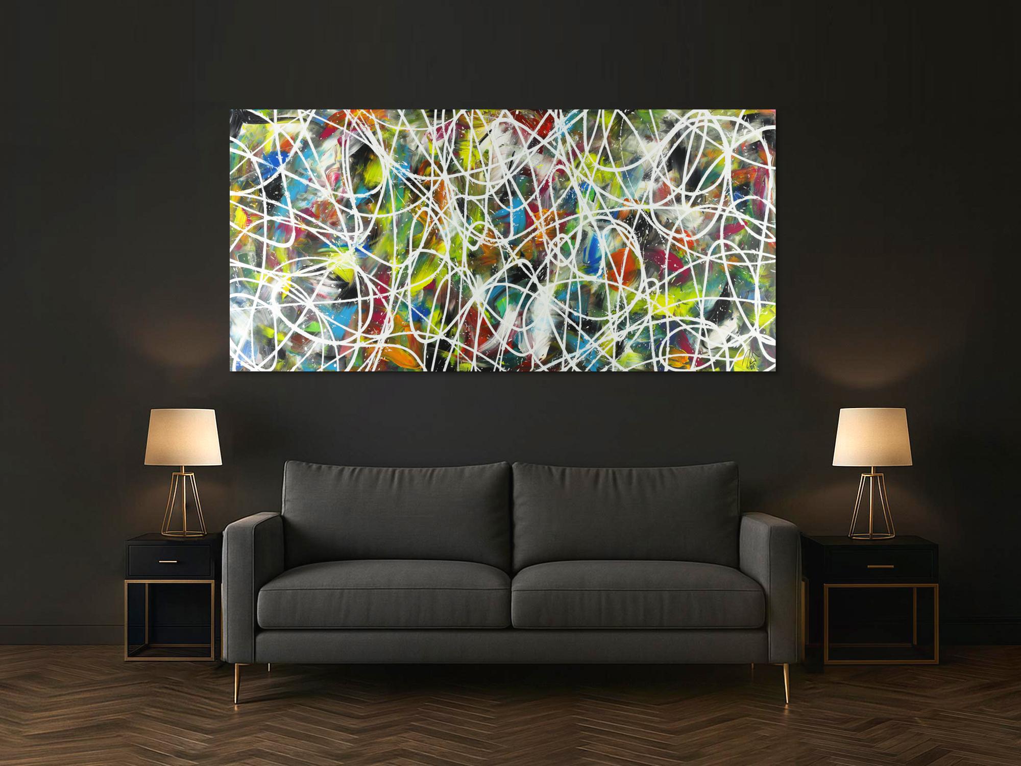 Abstraktes Acrylbild sehr bunt modern Action Painting mit weißen Streifen