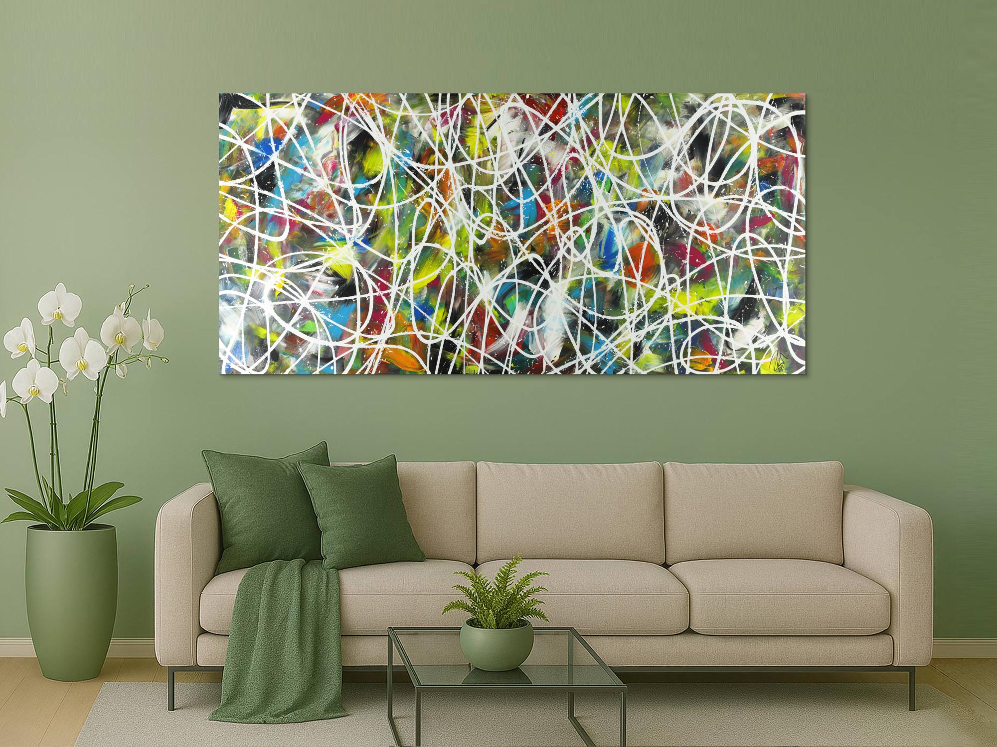 Abstraktes Acrylbild sehr bunt modern Action Painting mit weißen Streifen