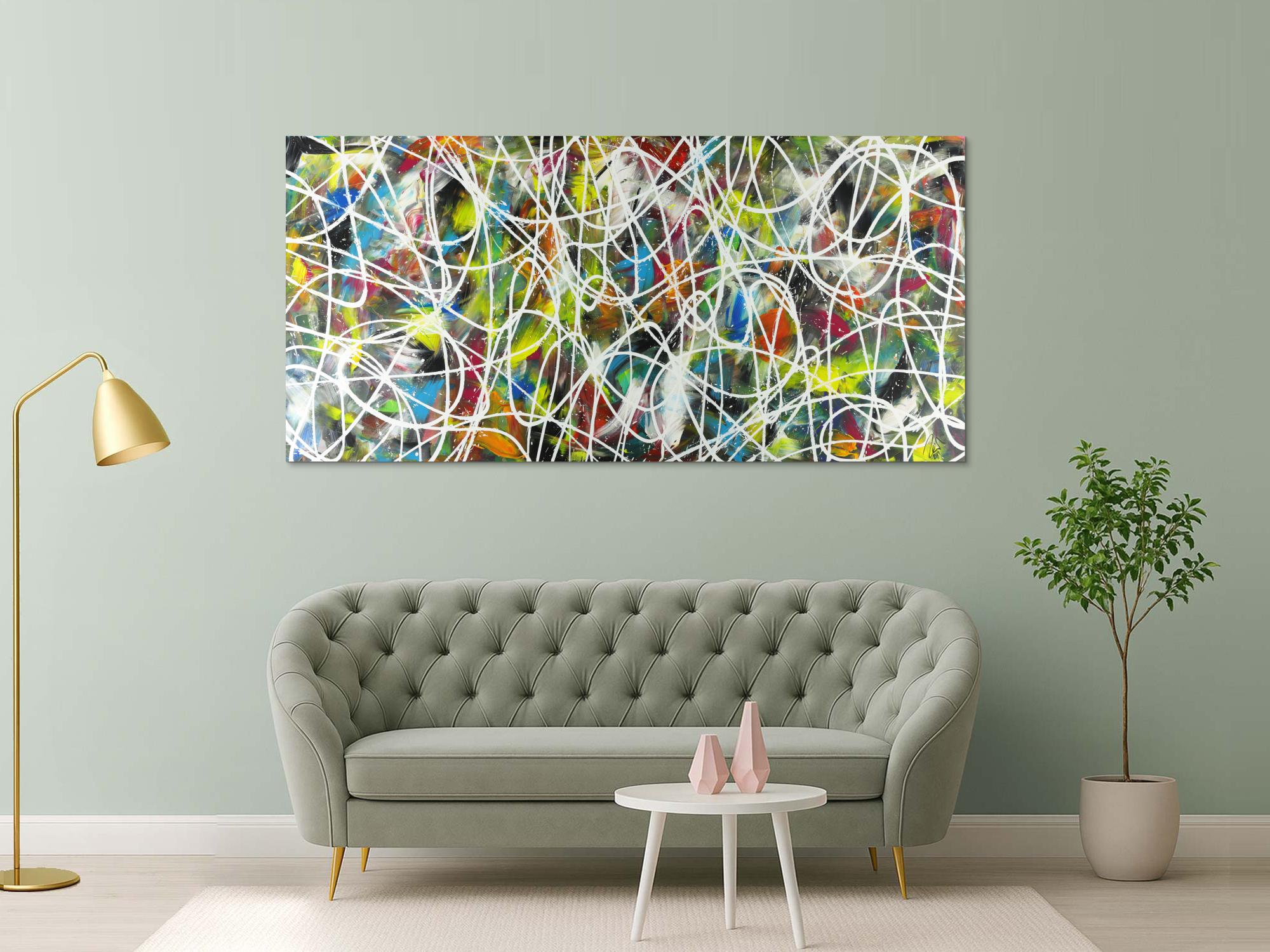 Abstraktes Acrylbild sehr bunt modern Action Painting mit weißen Streifen