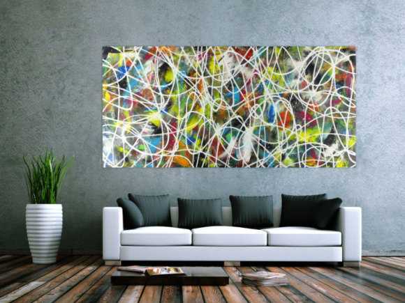 Abstraktes Acrylbild sehr bunt modern Action Painting mit weißen Streifen