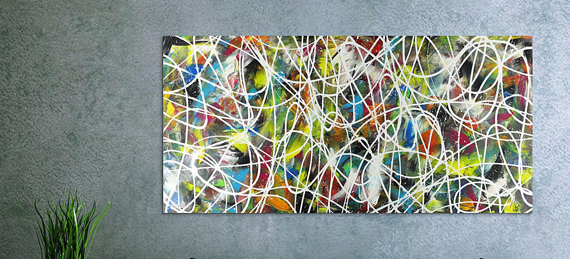 Abstraktes Acrylbild sehr bunt modern Action Painting mit weißen Streifen