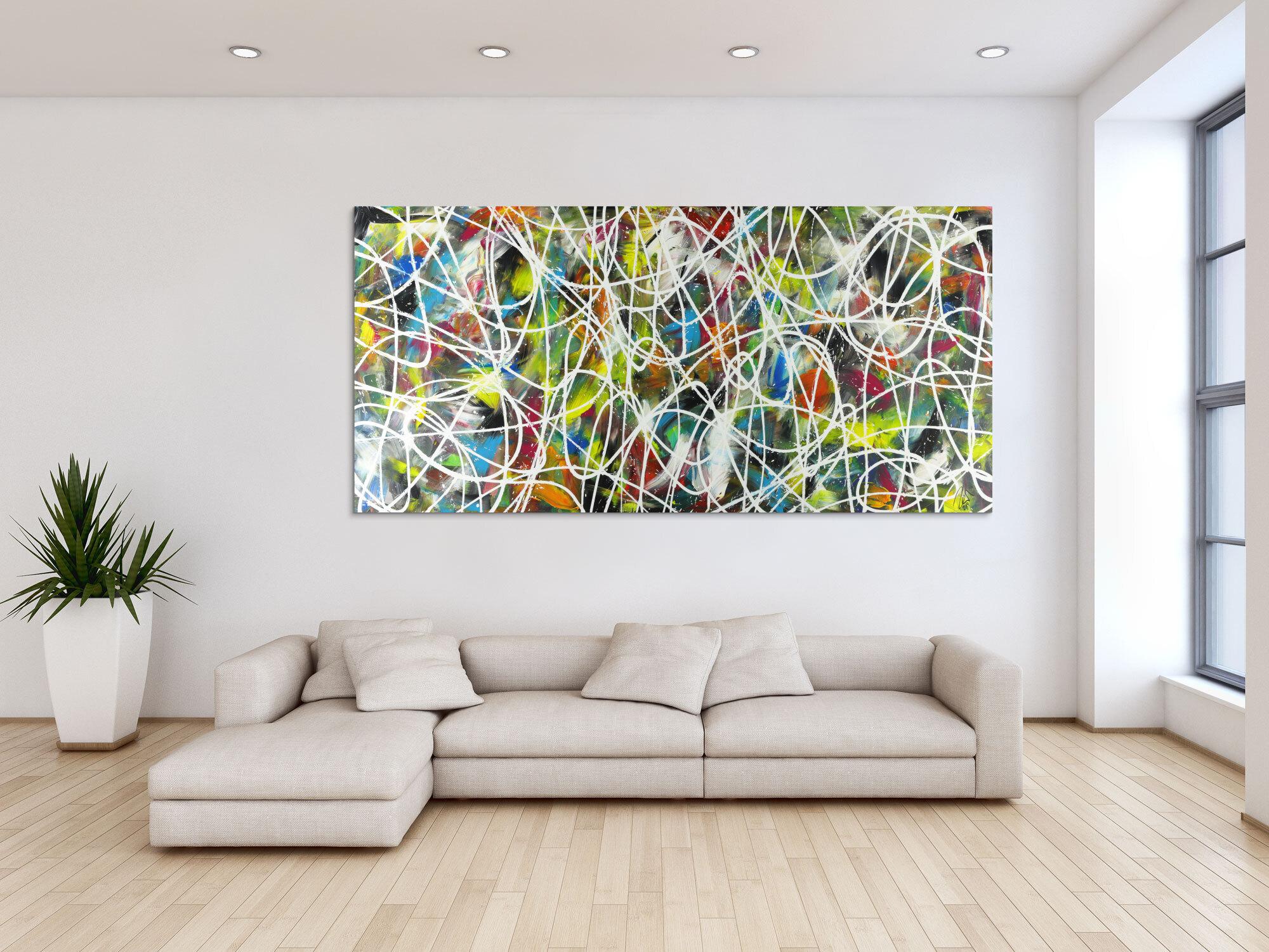 Abstraktes Acrylbild sehr bunt modern Action Painting mit weißen Streifen