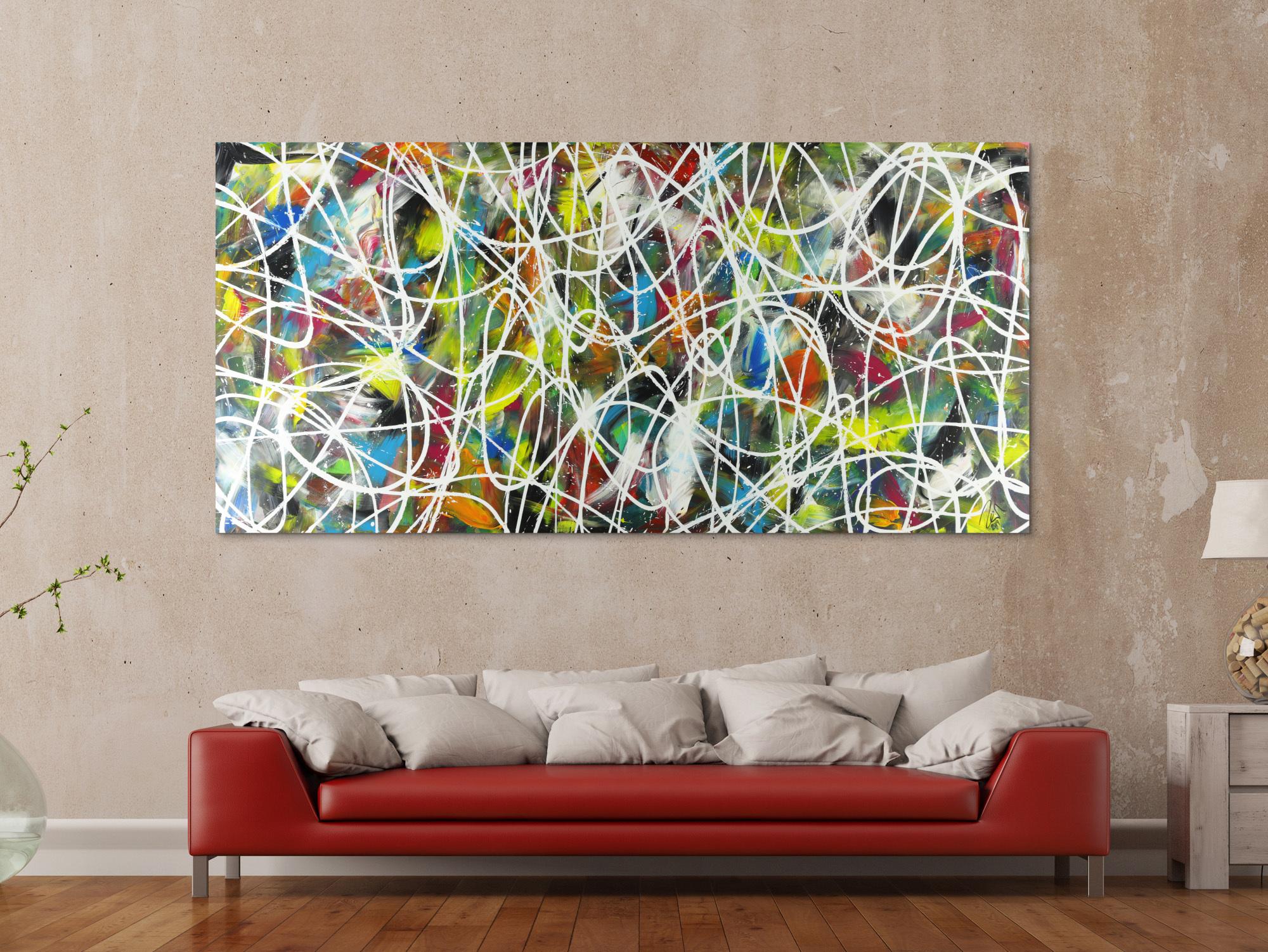 Abstraktes Acrylbild sehr bunt modern Action Painting mit weißen Streifen
