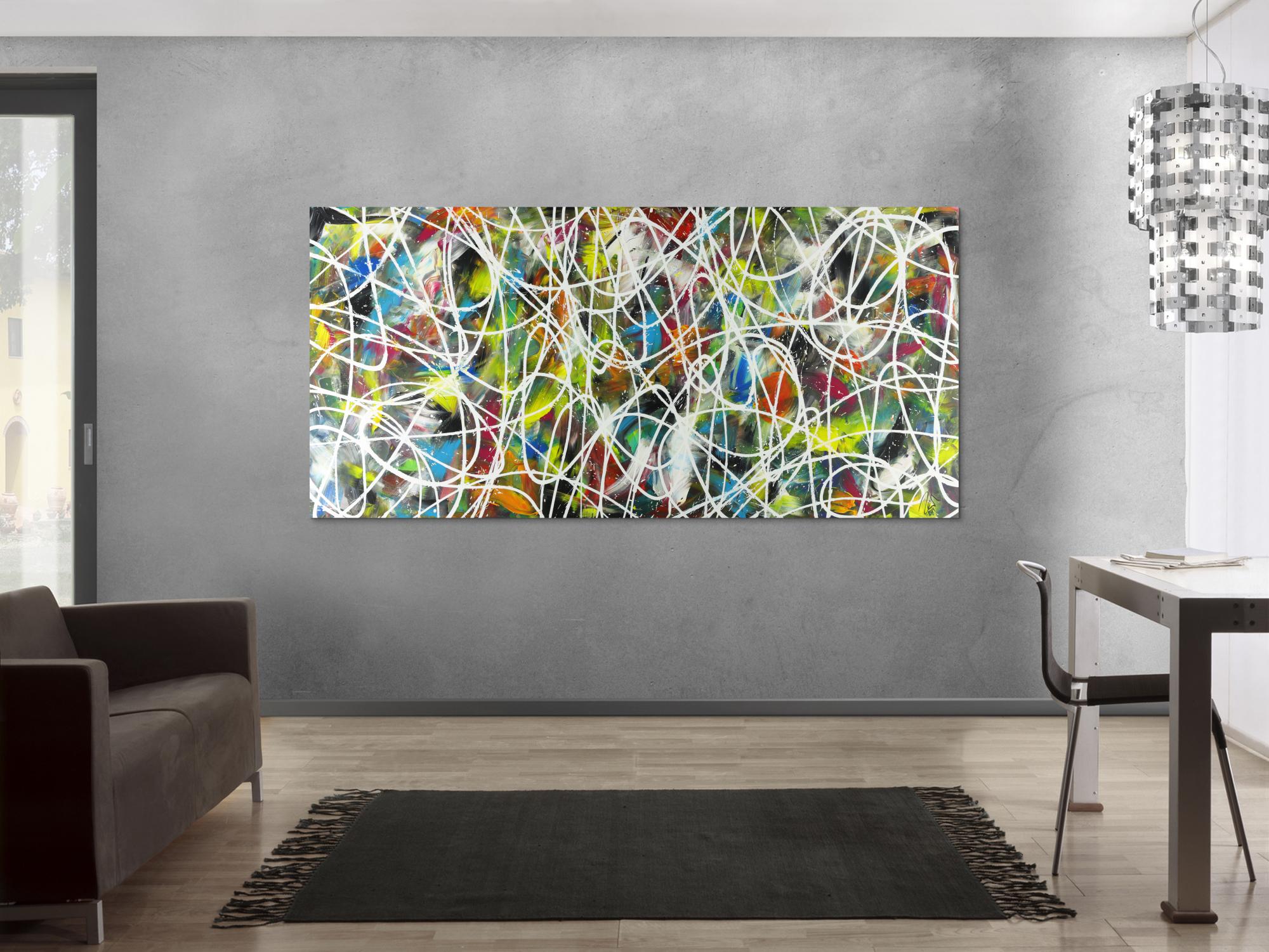 Abstraktes Acrylbild sehr bunt modern Action Painting mit weißen Streifen