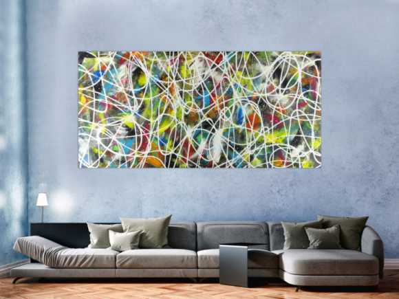 Abstraktes Acrylbild sehr bunt modern Action Painting mit weißen Streifen