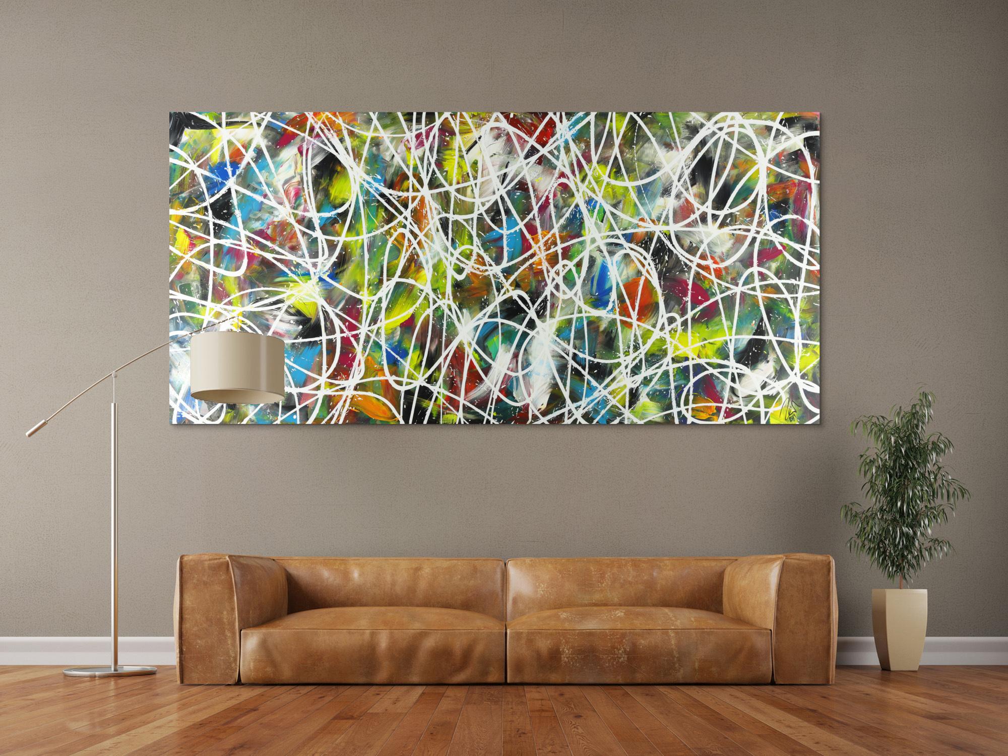 Abstraktes Acrylbild sehr bunt modern Action Painting mit weißen Streifen