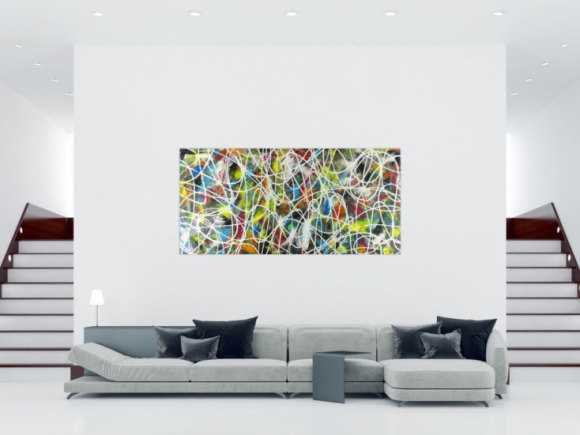 Abstraktes Acrylbild sehr bunt modern Action Painting mit weißen Streifen